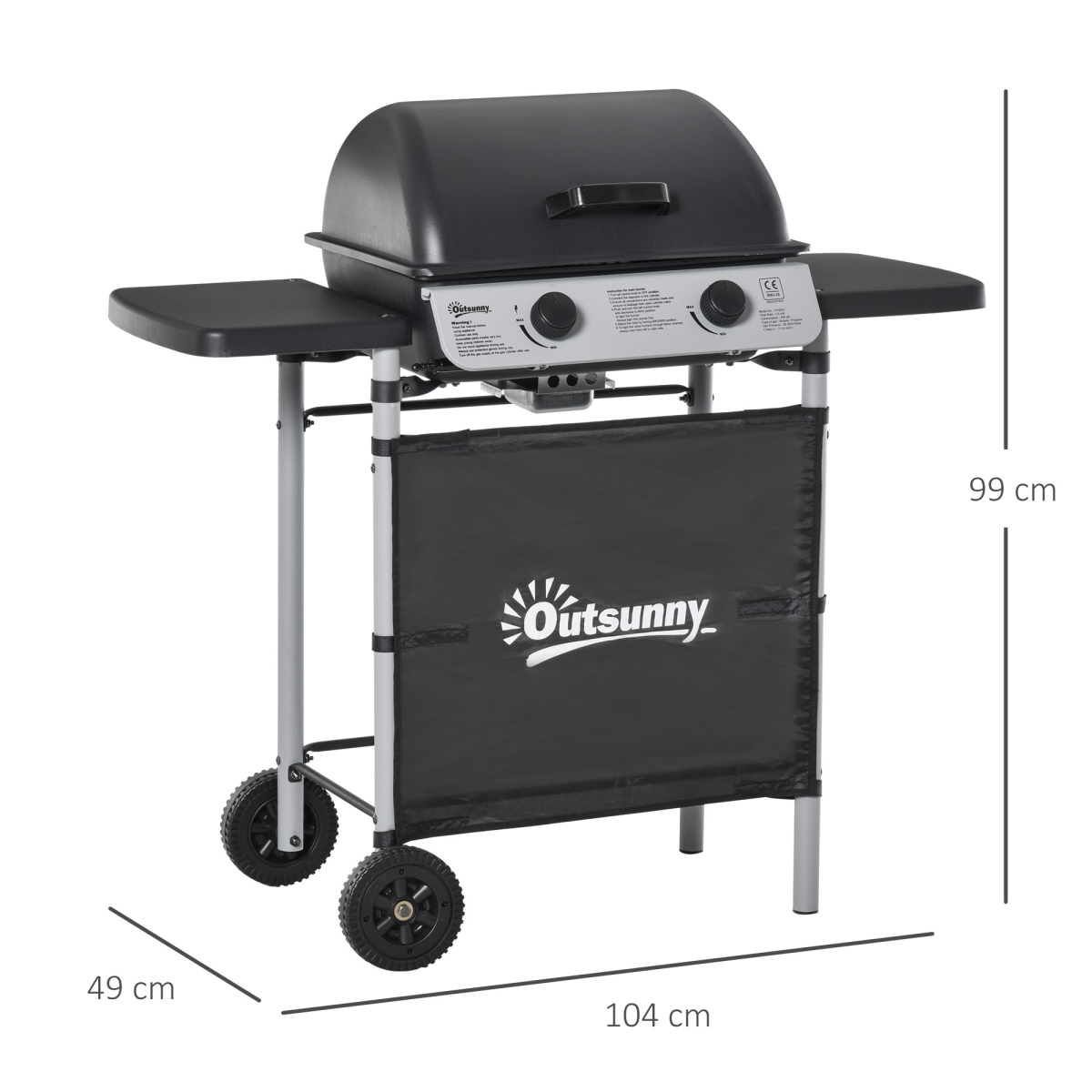 Outsunny 2-Burner Propane Gas BBQ Grill, 5.6kW with Side Shelves and Wheels – LPG Outdoor Barbecue, Grey