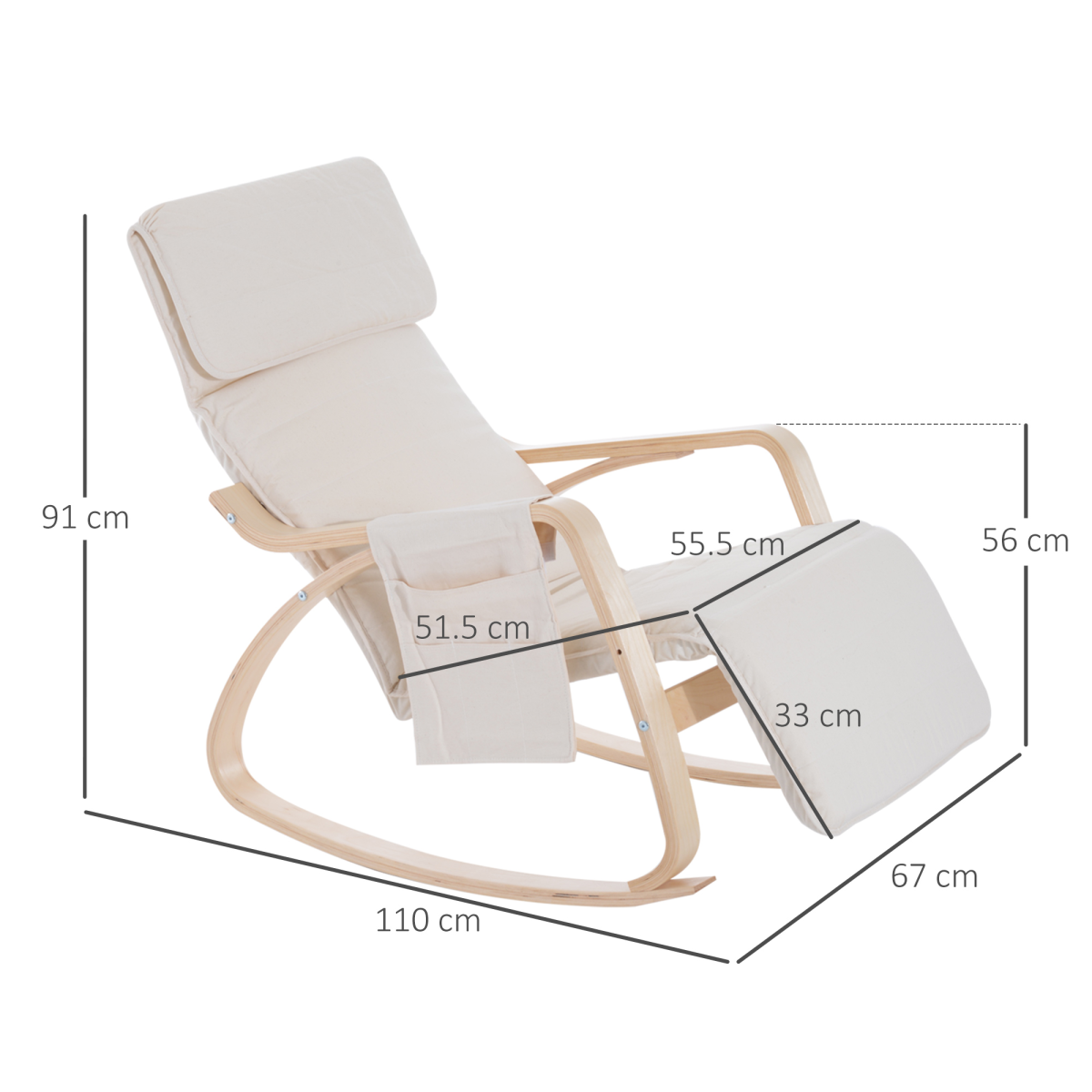 HOMCOM Rocking Recliner Armchair with Adjustable Footrest & Birch Wood Frame – Nursery Chair, Cream White
