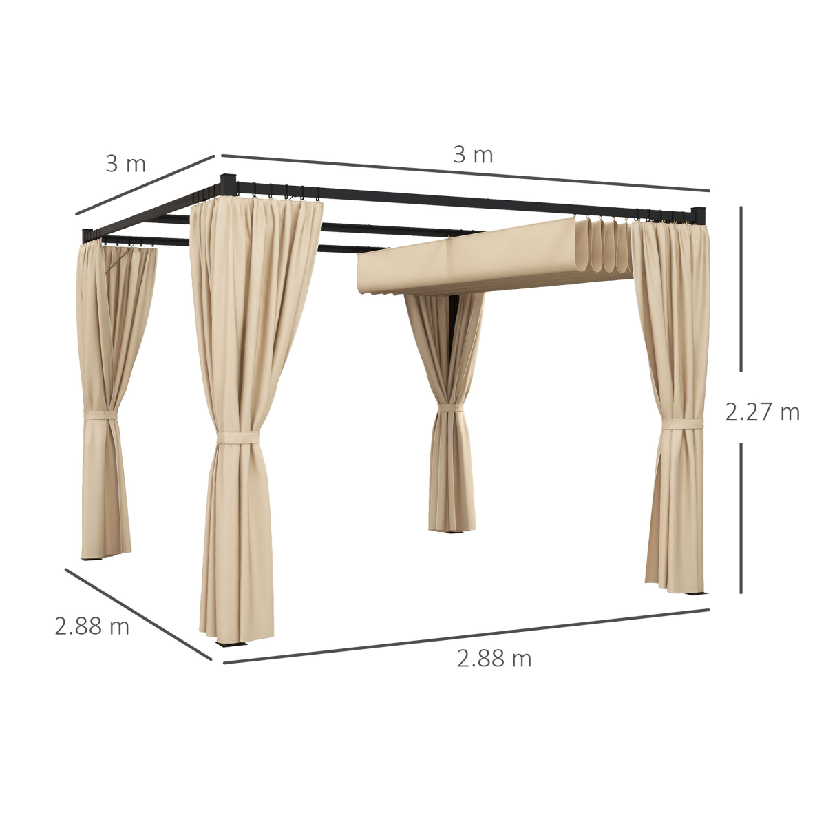 Outsunny 3 x 3m Retractable Pergola with Curtains, PU-Coated Polyester Canopy & Metal Frame – Beige