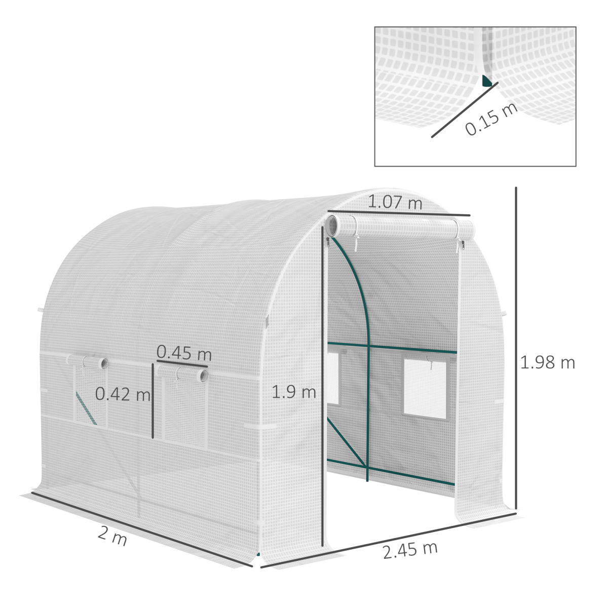 Outsunny 2 x 2.5m Polytunnel Greenhouse with Roll-Up Door and Mesh Windows, Steel Frame, PE Cover, White