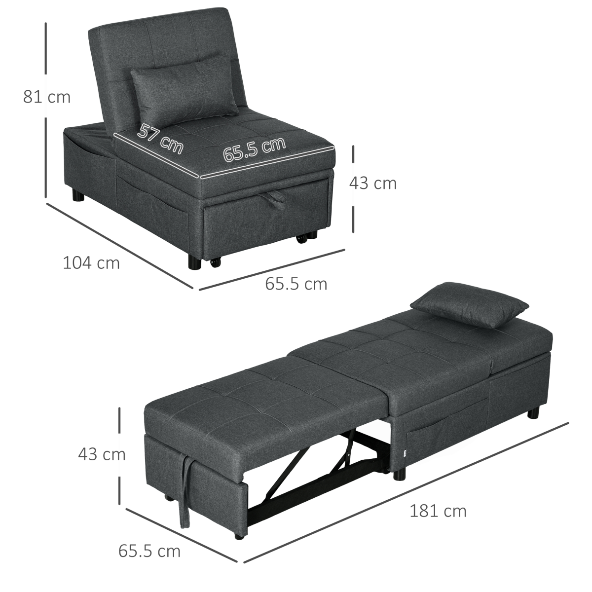 HOMCOM Folding Single Sofa Bed with Adjustable Backrest & Pillow – Sofa, Lounger and Bed in One, Grey