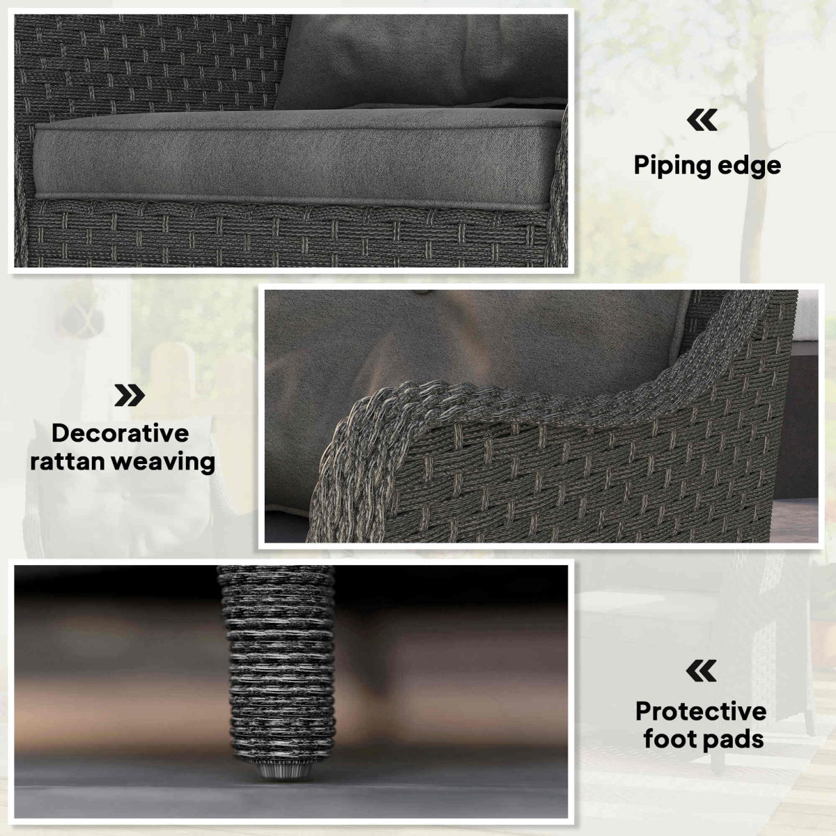 Set of 2 Rattan Garden Chairs with Padded Seat & Back Cushions – Steel Frame Outdoor Armchairs, Dark Grey