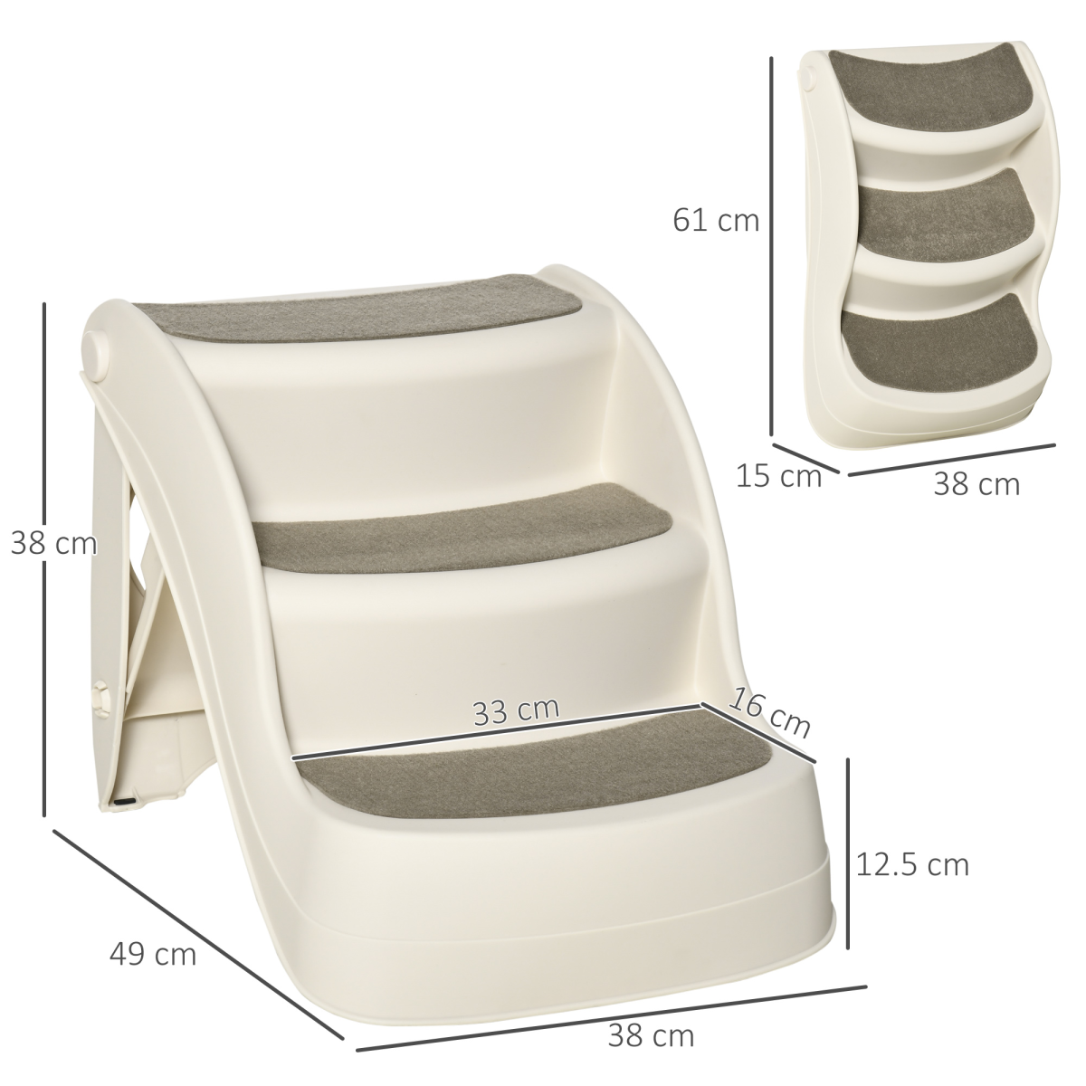 Pawhut Portable 3-Step Dog Stairs with Non-Slip Feet & Carpeted Steps – Pet Steps for Beds & Sofas, Cream