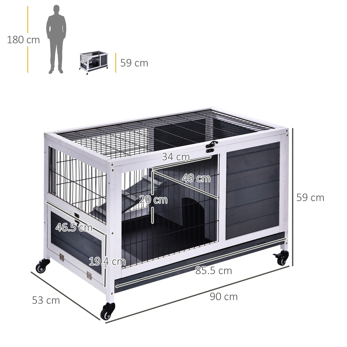PawHut Indoor Two-Floor Wooden Rabbit Hutch with Wheels, Ramp & Pull-Out Tray – Guinea Pig Cage