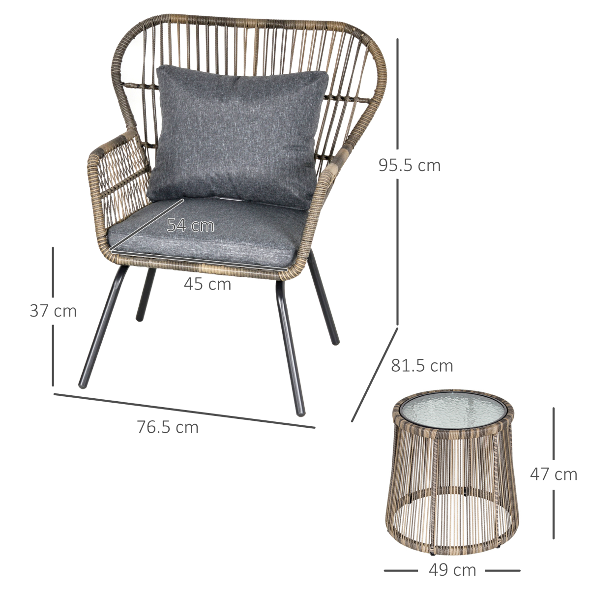 Outsunny 3-Piece Webbed PE Rattan Patio Bistro Set with Glass Table & Padded Cushions – 2 Chairs and Table, Grey