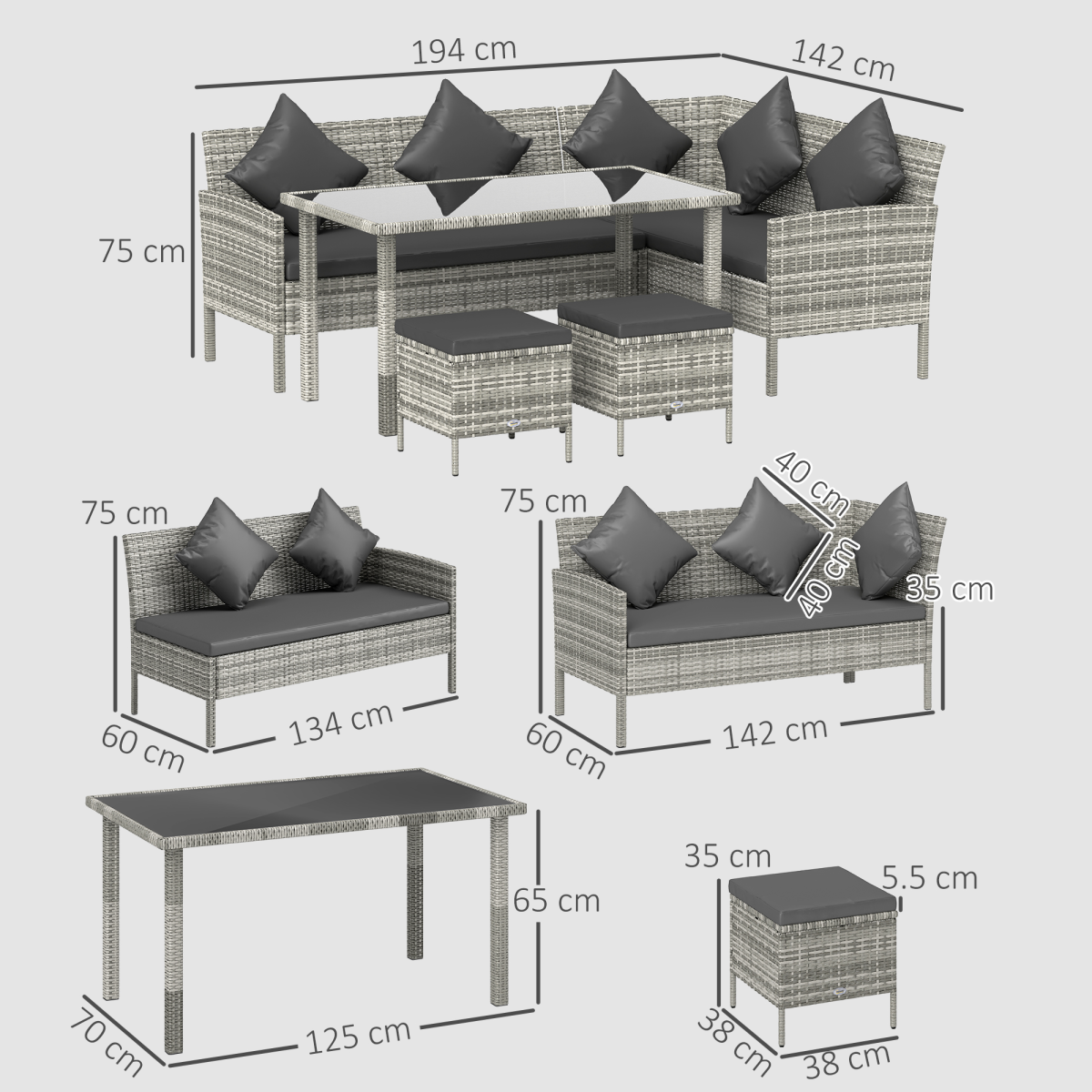 Outsunny 5-Piece Rattan Corner Sofa Dining Set with Glass Table and Footstools – Garden Furniture, Dark Grey