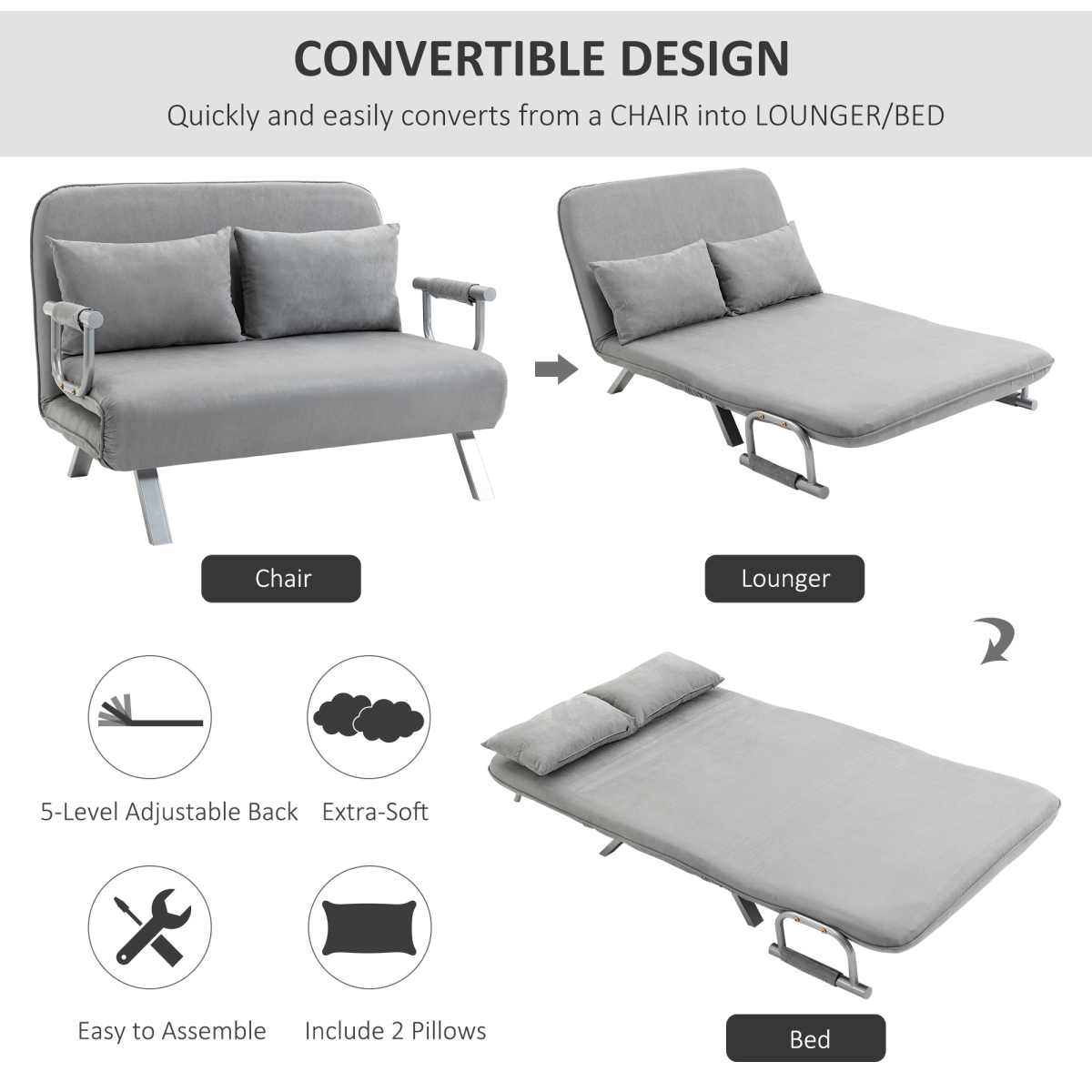 HOMCOM Fabric Click-Clack 2 Seater Sofa Bed with 2 Pillows – Converts to Double Bed, Light Grey