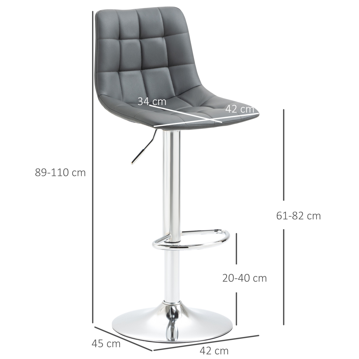 HOMCOM Set of 2 Adjustable Swivel Breakfast Bar Stools with Footrest – Soft Grey Upholstery