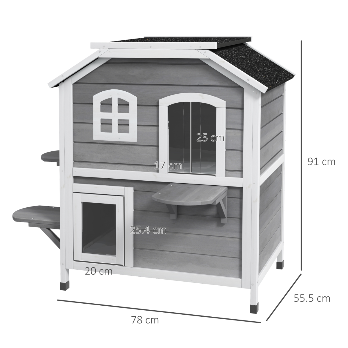 PawHut Two-Storey Cat Condo with Openable Roof – Fir Wood Indoor & Outdoor Catio House, Grey