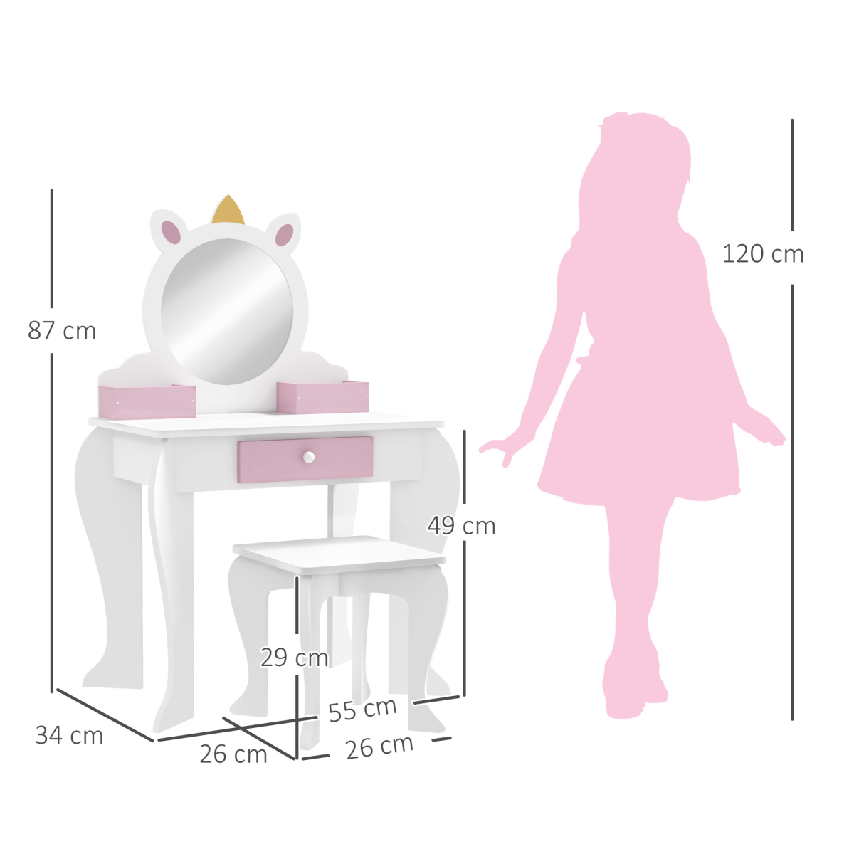 ZONEKIZ Kids Dressing Table with Mirror, Stool, Drawer & Storage Boxes – Unicorn Design Vanity Set, White