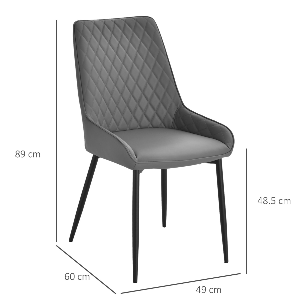 HOMCOM Quilted PU Leather Dining Chairs with Padded Seat & Metal Legs – Set of 2 Kitchen Chairs, Grey