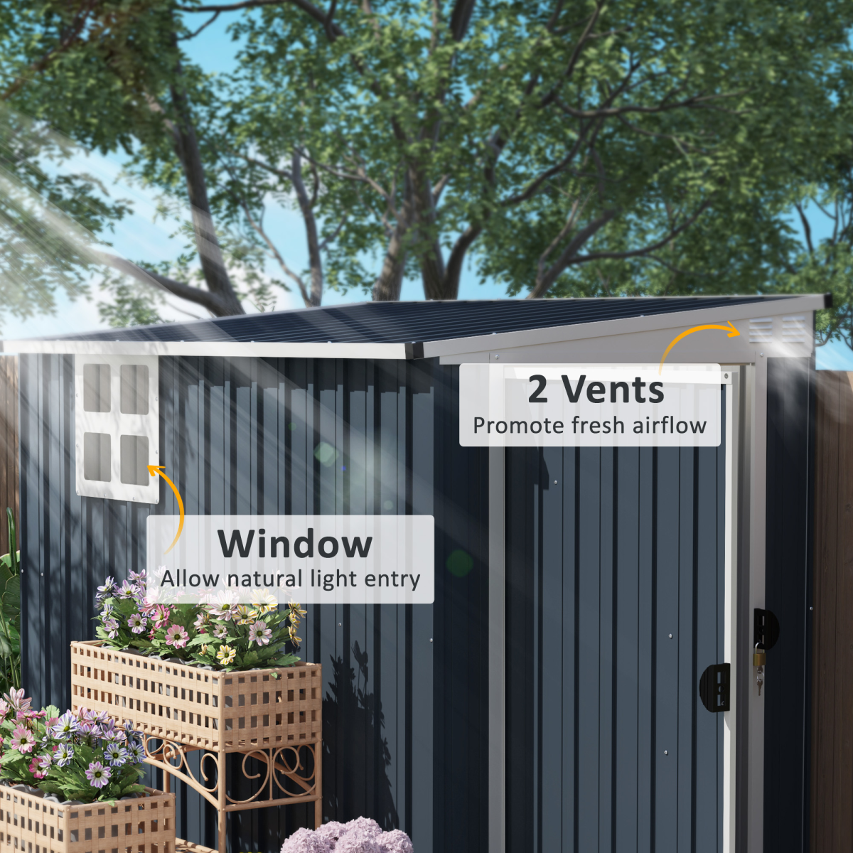 Outsunny 7.6x4ft Galvanised Steel Garden Storage Shed with Window, Vents & Lockable Door, Dark Grey