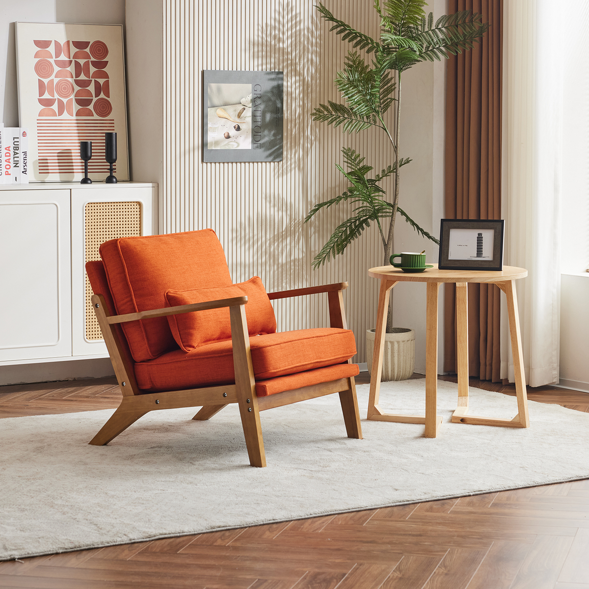 Mid-Century Modern Oak Frame Accent Chair with Linen-Cotton Upholstery – Retro Lounge Armchair, Burnt Orange