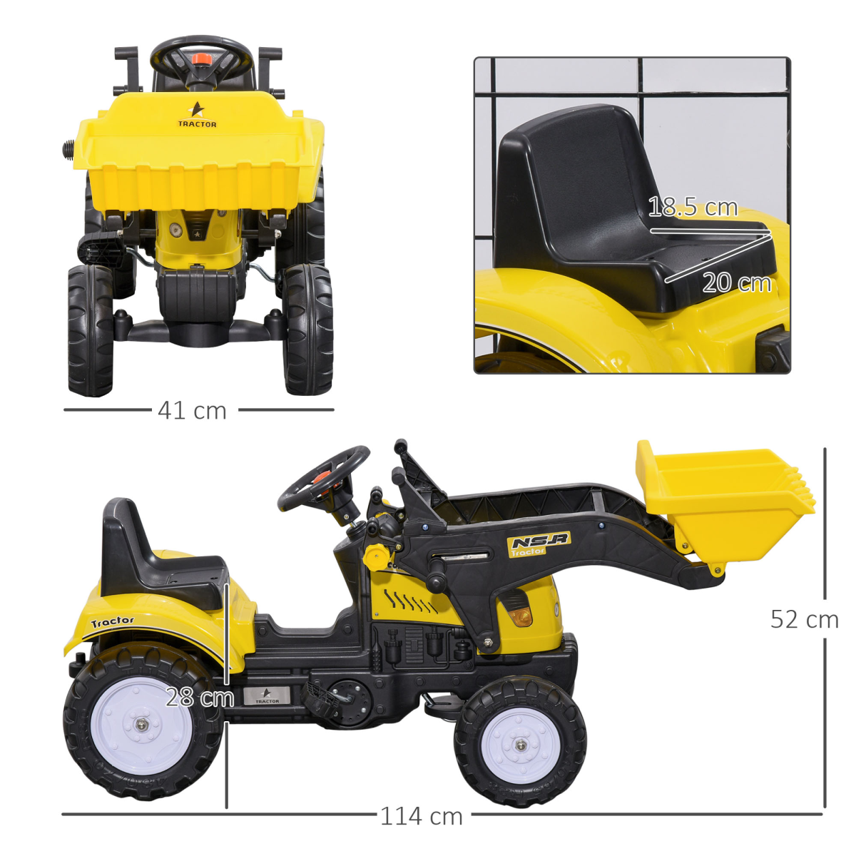 HOMCOM Pedal Go Kart Ride-On Excavator with Metal Frame, Hand Brake & Front Digger – Kids Toy, Yellow and Black
