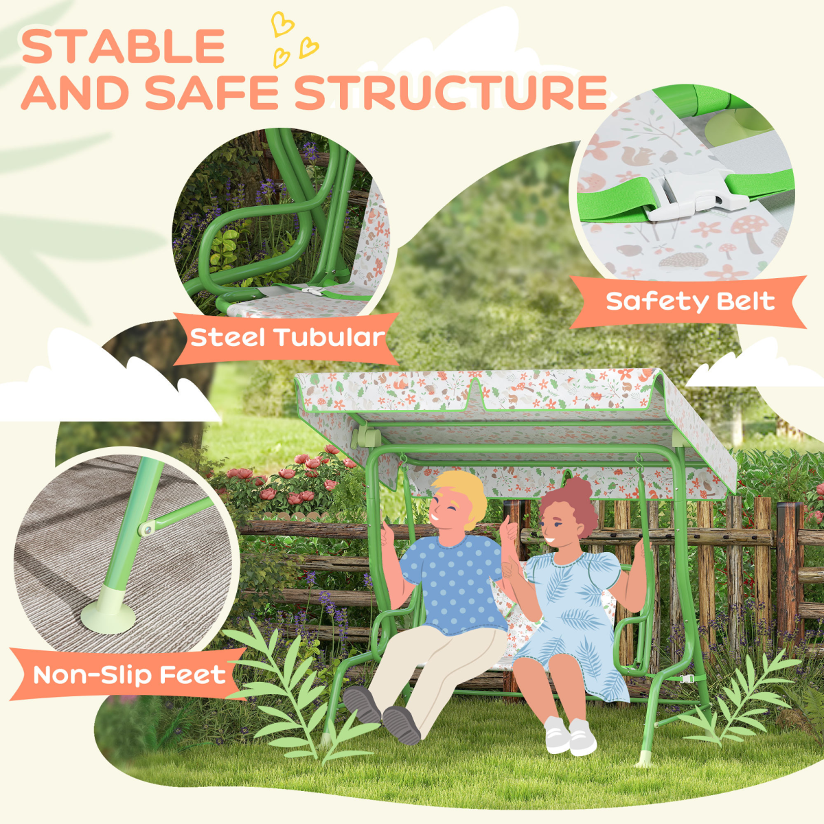 AIYAPLAY Kids Fox Pattern Swing Seat with Adjustable Canopy and Safety Belts – Outdoor Garden Play, Green