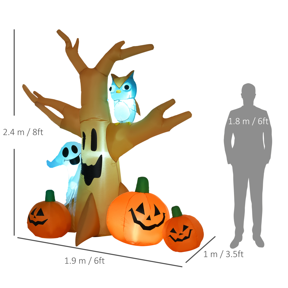 HOMCOM 240cm Inflatable Halloween Tree with Ghost, 3 Pumpkins and Owl – 4 LED Lights, Indoor/Outdoor Decor