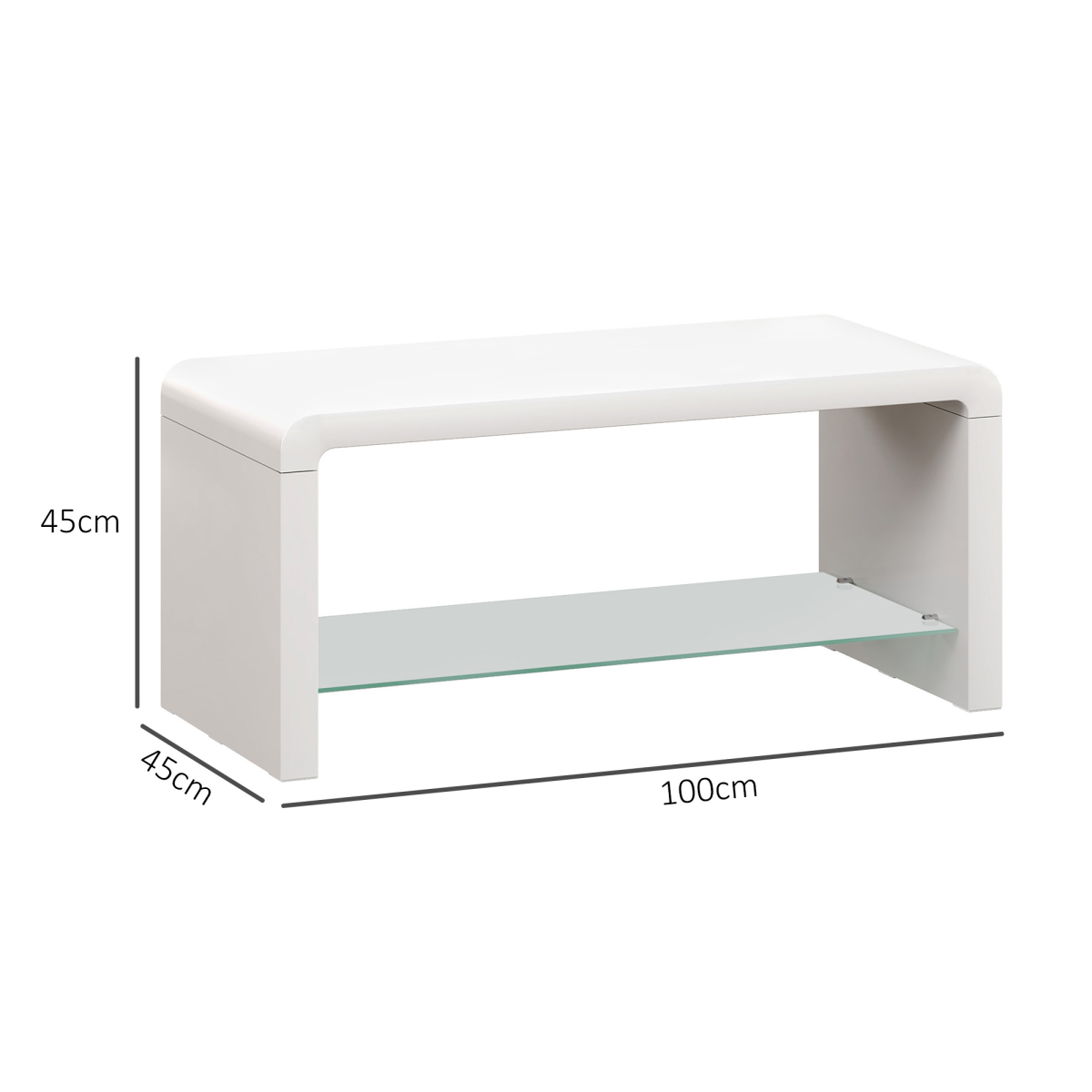 HOMCOM High Gloss Coffee Table with Lower Glass Shelf – Curved Two-Tier Living Room Table, White