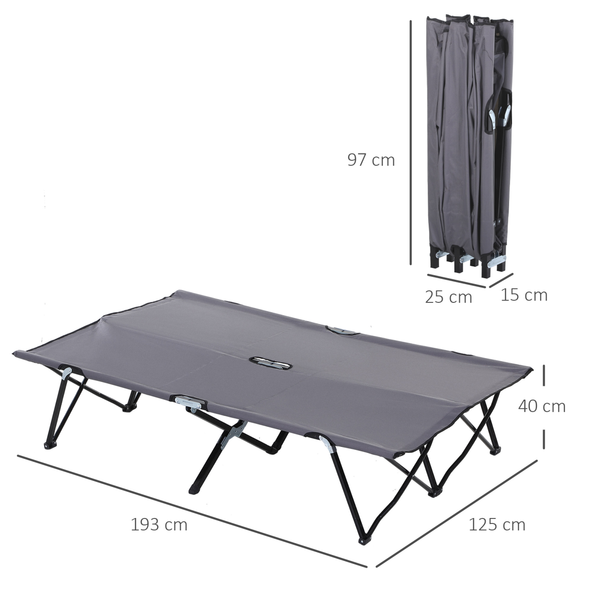 Outsunny Double Folding Camping Cot with Steel Frame & Carry Bag – Portable Two-Person Camp Bed, 136kg, Grey