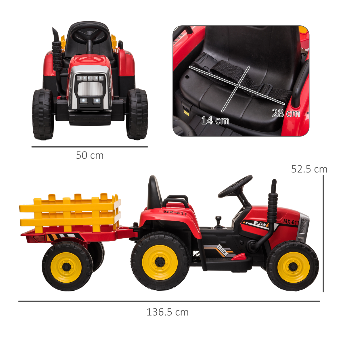 HOMCOM Ride-On Tractor with Detachable Trailer, Remote Control & Music – Kids Electric Toy, Red