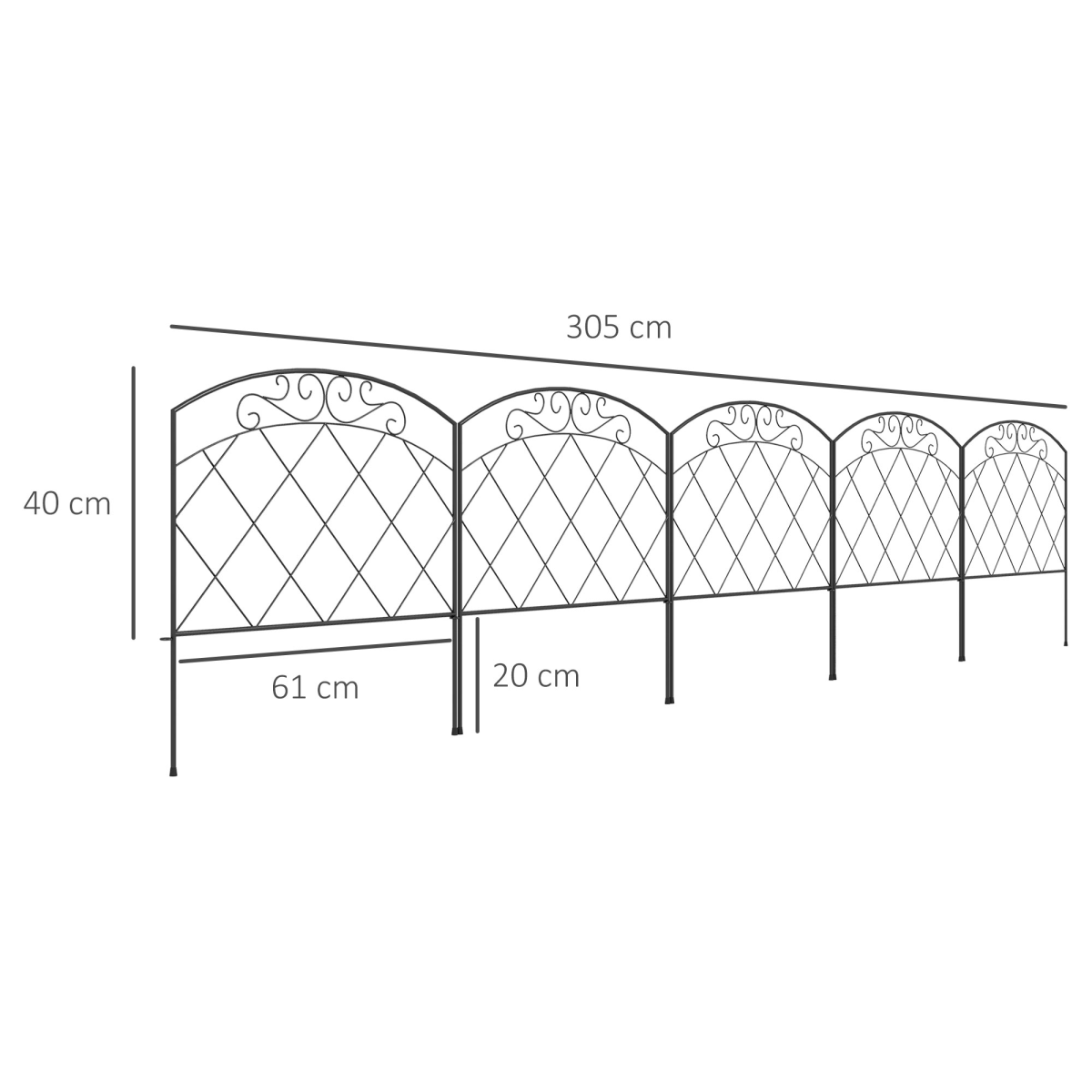 Outsunny Outdoor Picket Fence Panels, 61cm x 3m, with Arched Top & Swirl Design – Garden Border Edging, Black