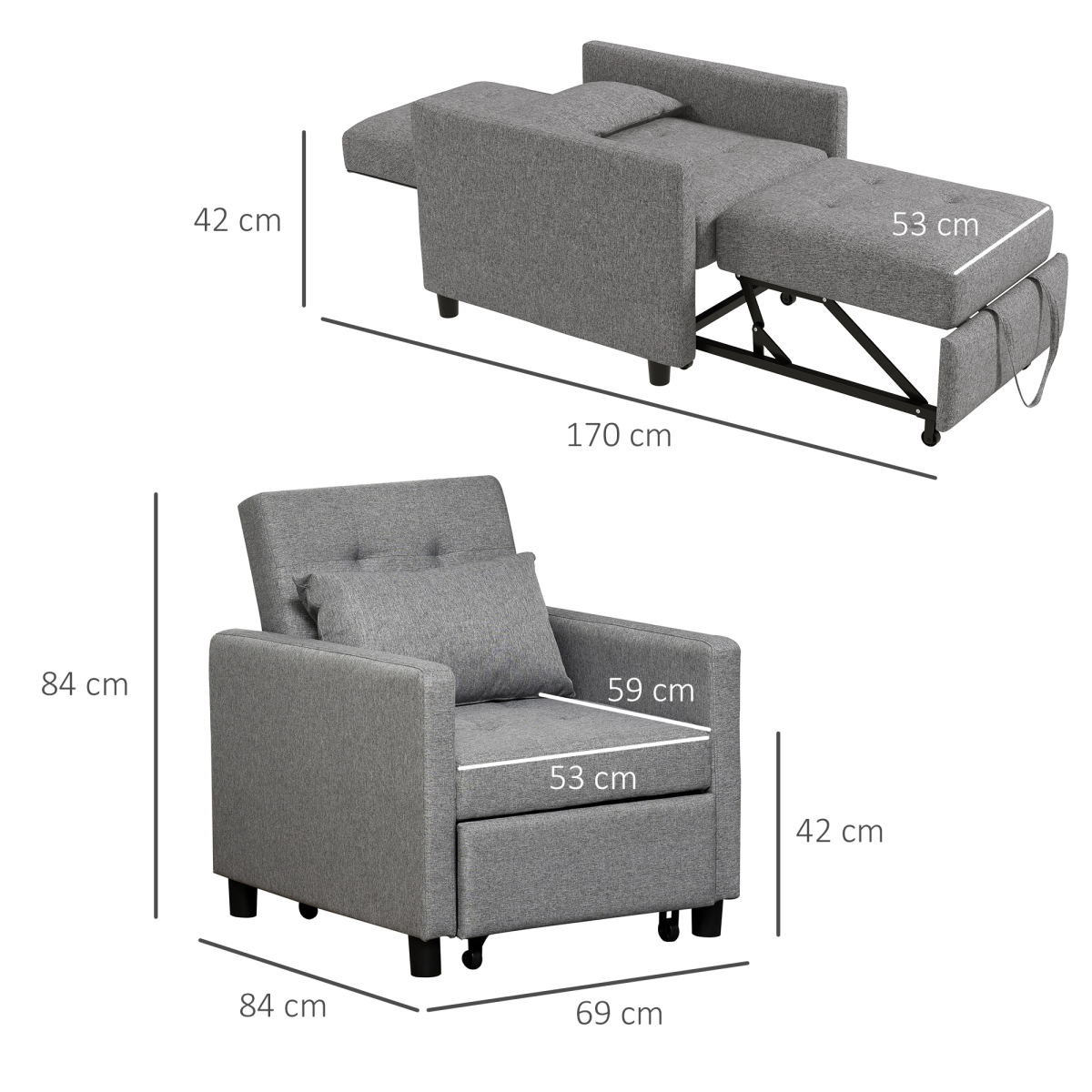 HOMCOM Convertible Tufted Single Chair Bed – Button-Tufted Padded Seating for Guest Rooms and Studios, Grey