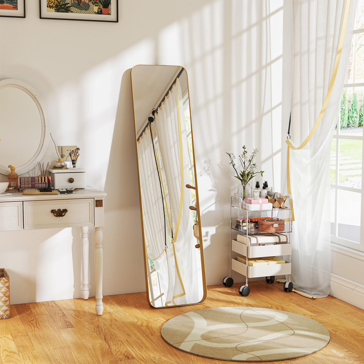 Full Length Mirror 160 x 40cm with Curved Corners – Gold Tone Metal Frame, Leaning or Wall Standing