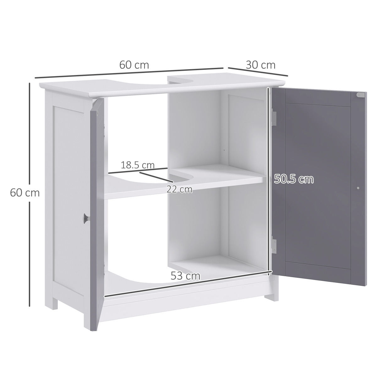 Kleankin 60 x 60cm Under-Sink Storage Cabinet with Double Doors & Adjustable Shelf – Grey and White