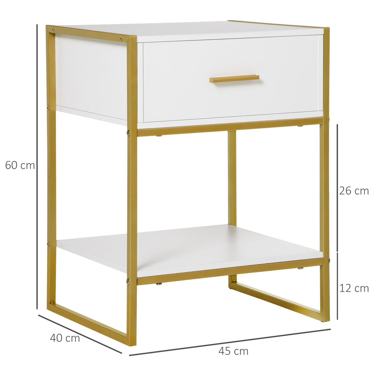 Modern Bedside Table with Drawer and Bottom Shelf – Gold-Tone Metal Frame Nightstand, White