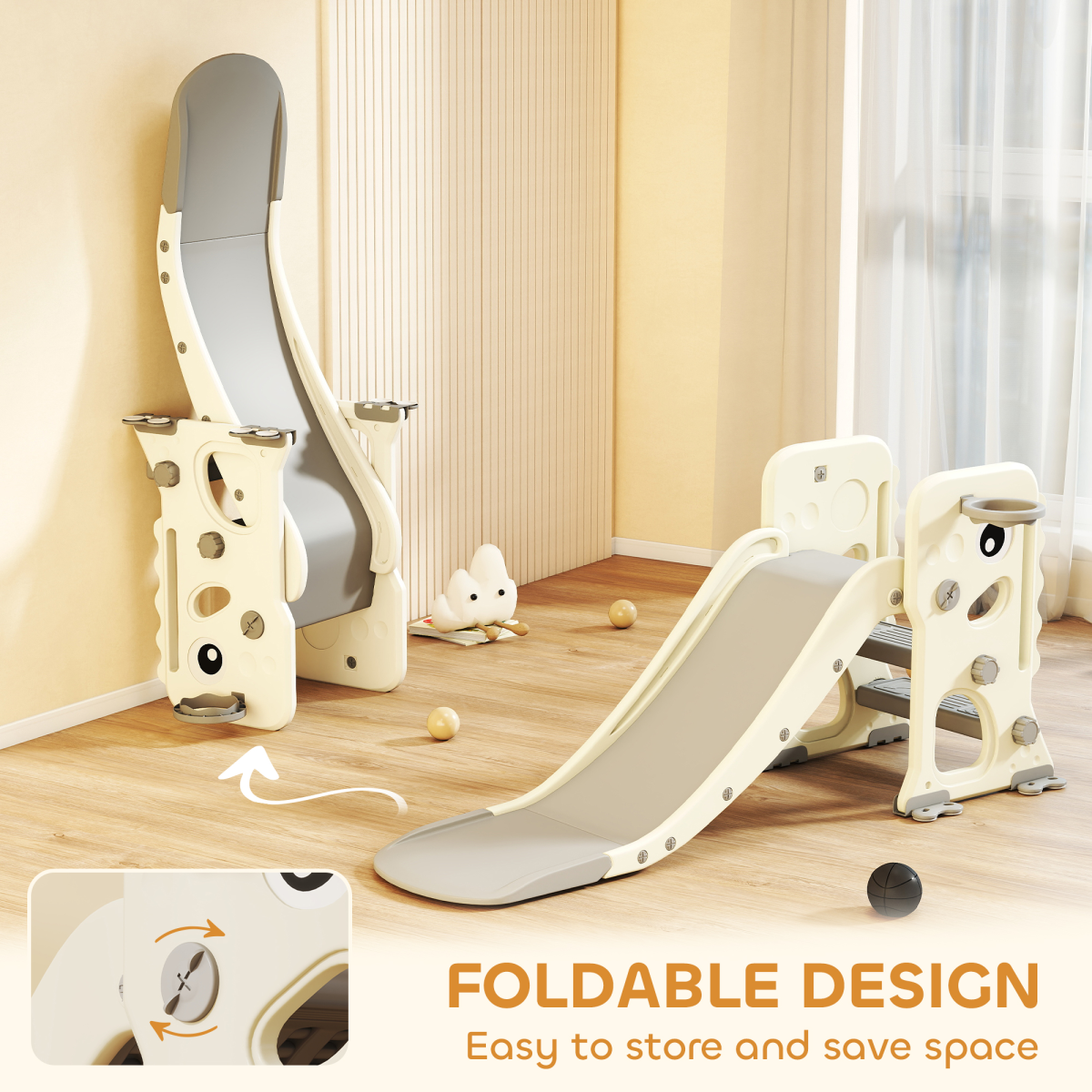 AIYAPLAY Foldable 3-in-1 Kids Slide with Climber and Basketball Hoop – Dinosaur Theme Playset, Cream White