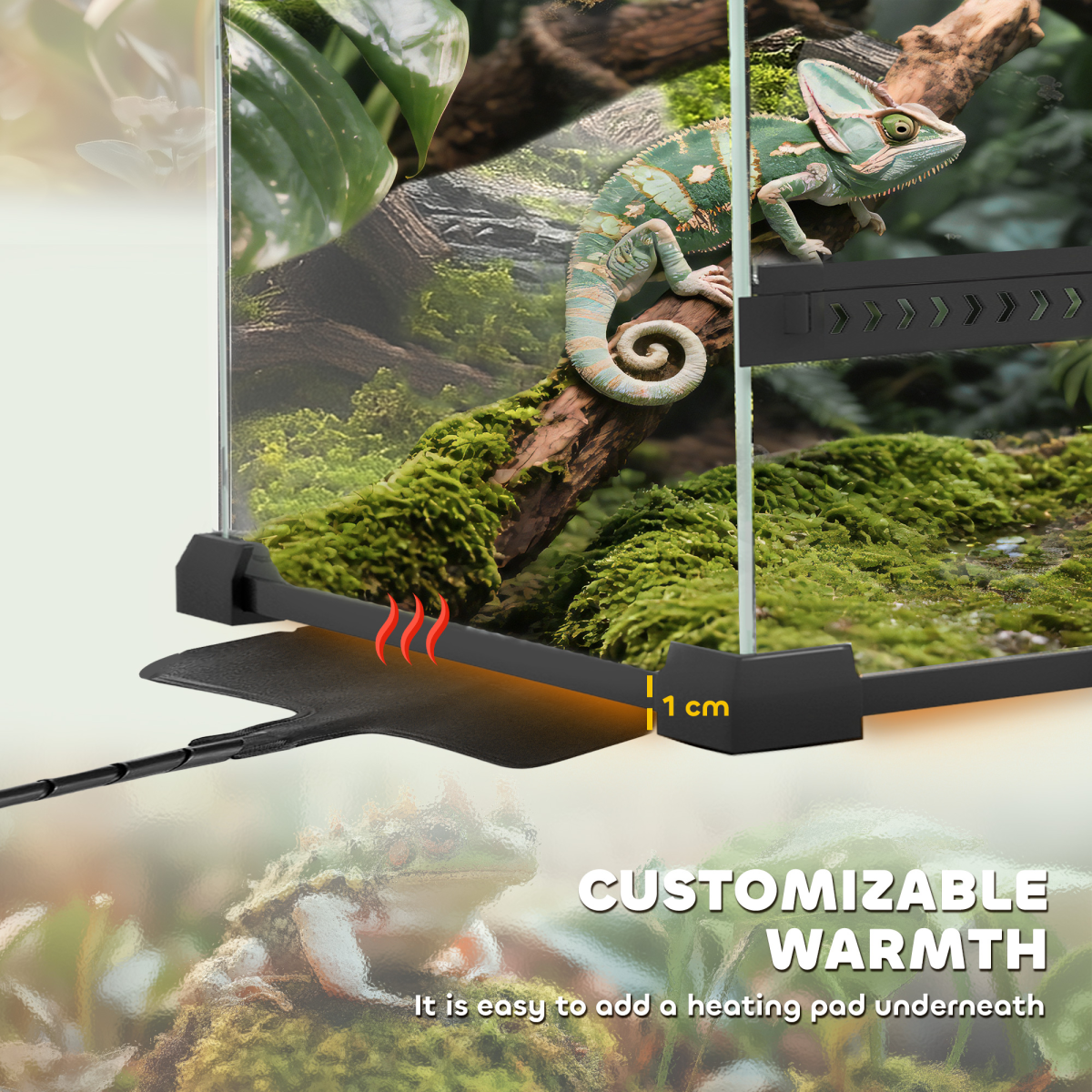 Reptile Glass Terrarium with Rock Background, Ventilated Lid & Waterproof Base – 10L Habitat, Black