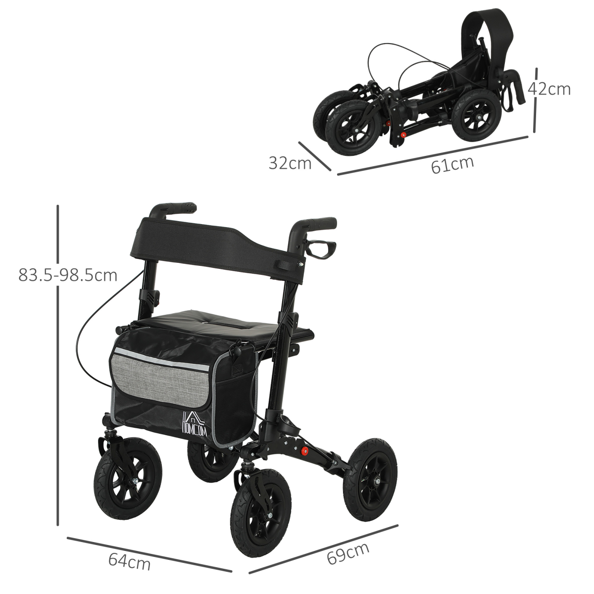 HOMCOM Rollator Walker with Padded Seat, Backrest & All-Terrain Wheels – Folding Mobility Aid with Storage Bag