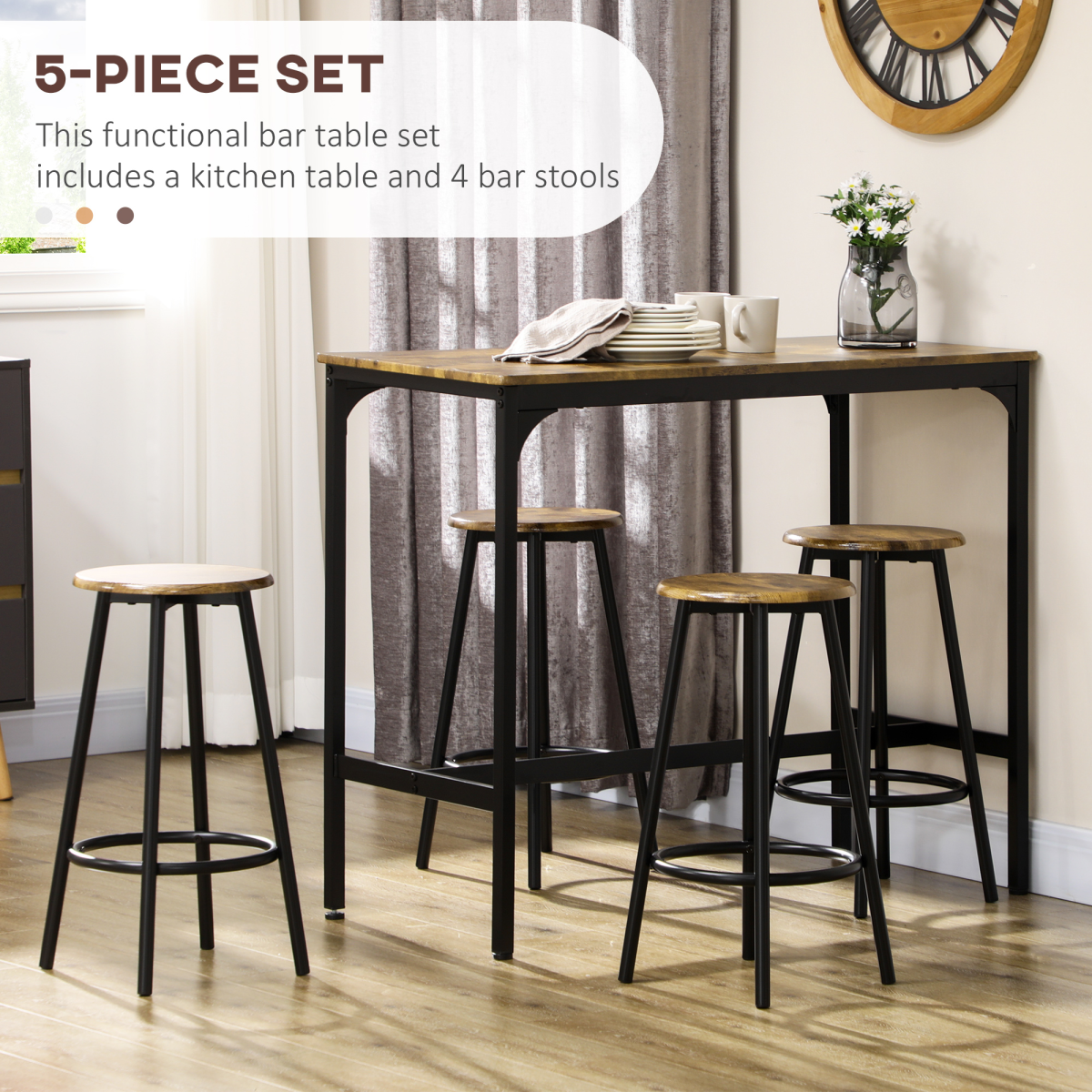 5-Piece Bar Table and Stool Set with 4 Stools – Space-Saving Pub Dining Set, Rustic Brown and Black