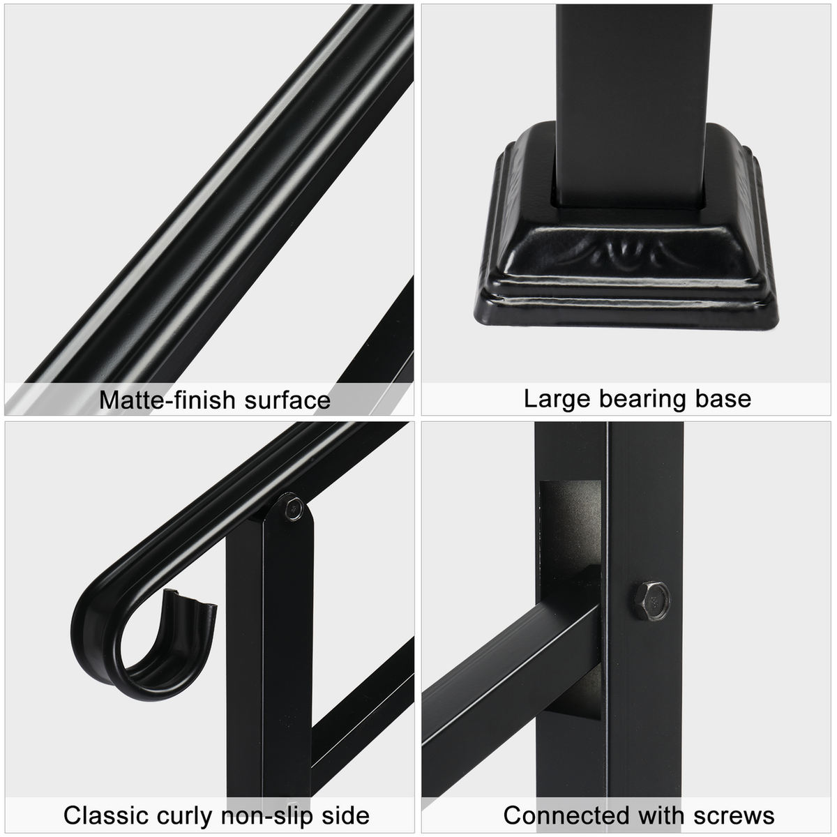 Wrought Iron Handrail for Outdoor Steps – Fits 1 to 3 Steps, Powder-Coated with Installation Kit, Black
