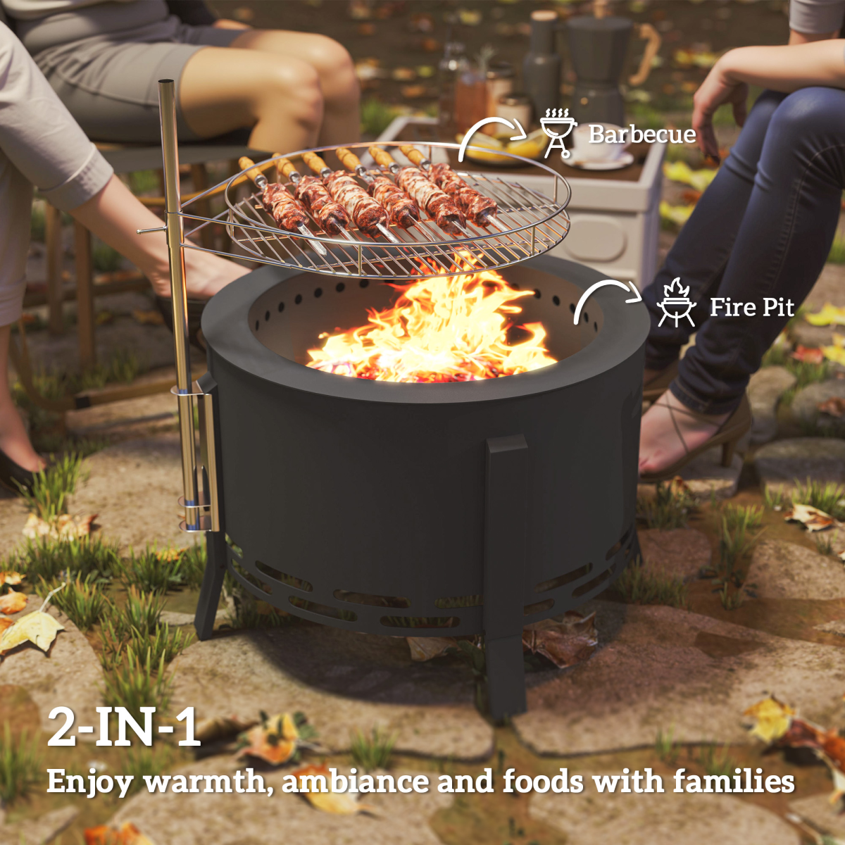 Outsunny Portable Fire Pit with Grill Grate and Poker, 58cm Round Steel Firepit – Garden BBQ Pit, Black