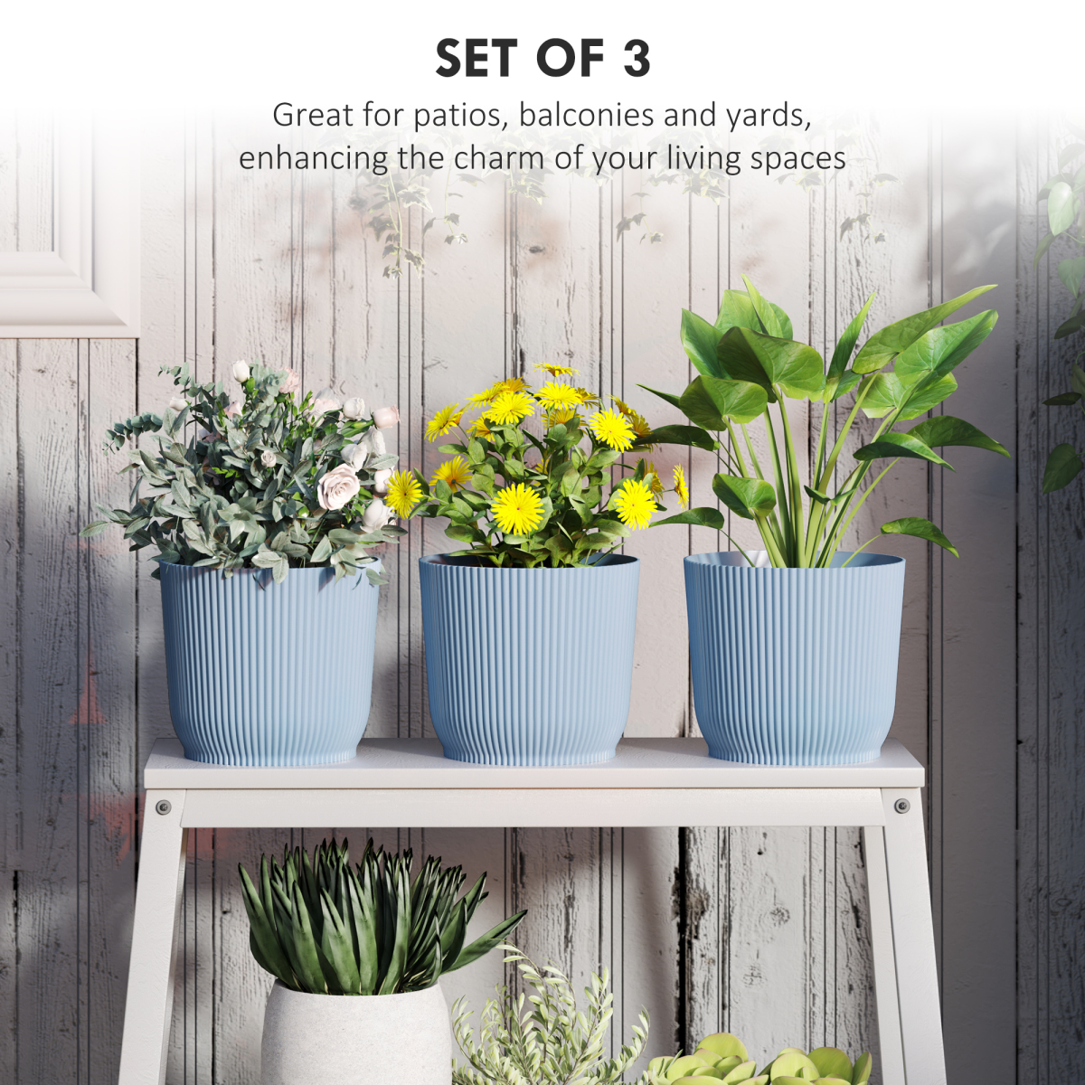 Outsunny Set of 3 Round Plant Pots Outdoor 22cm for Garden Decoration, Blue