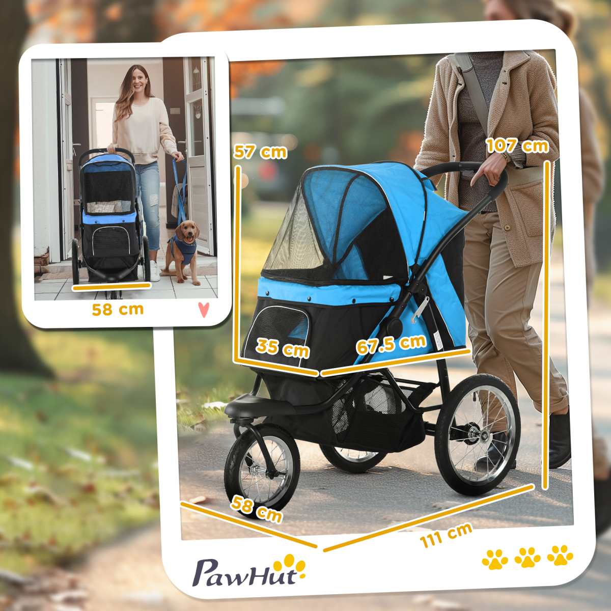 PawHut 3 Wheel Foldable Pet Stroller with Canopy & Mesh Windows – Dog Pram for Small Dogs, Blue