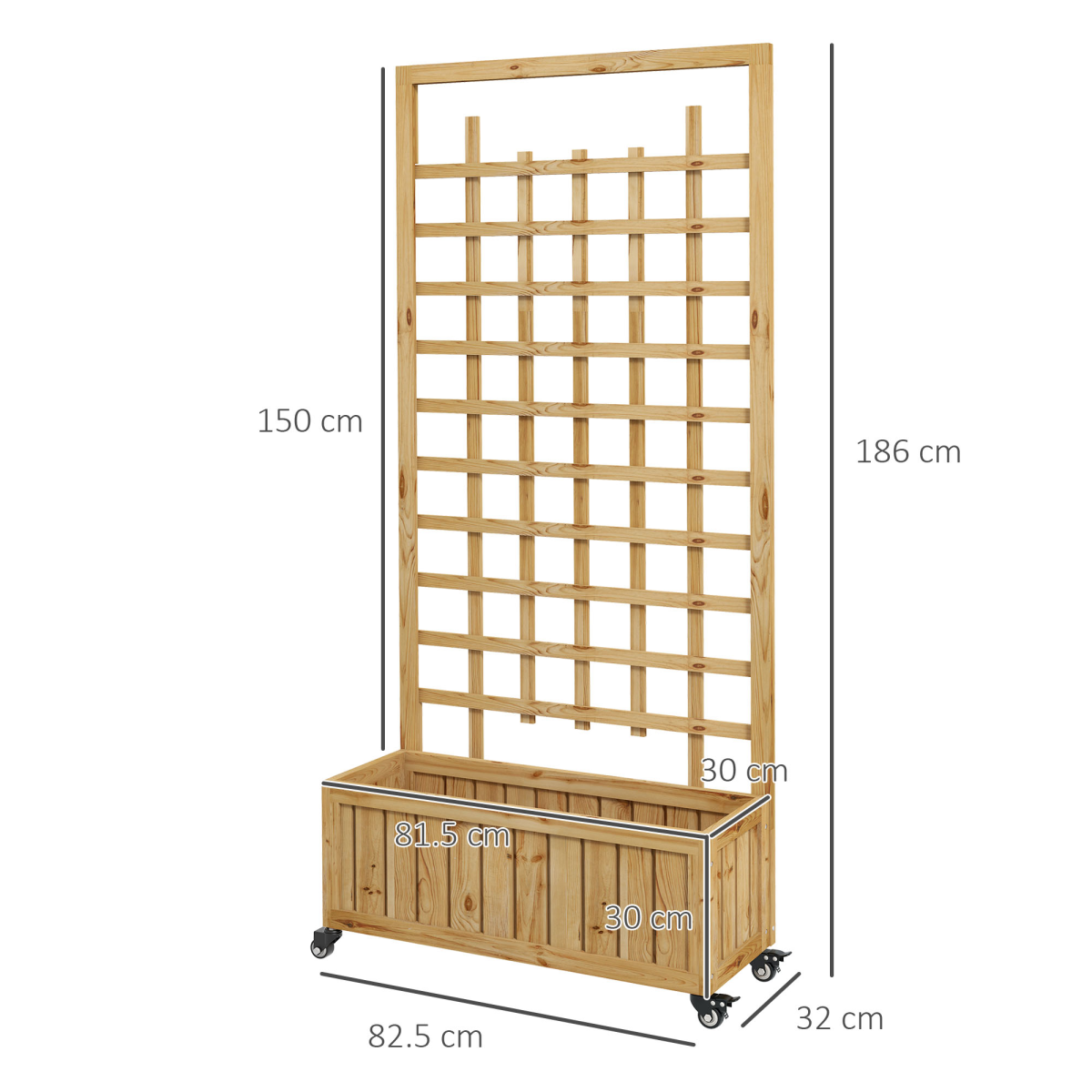Outsunny Wooden Trellis Planter Raised Bed with Wheels & Liner, 54L – Climbing Plants, Natural Wood