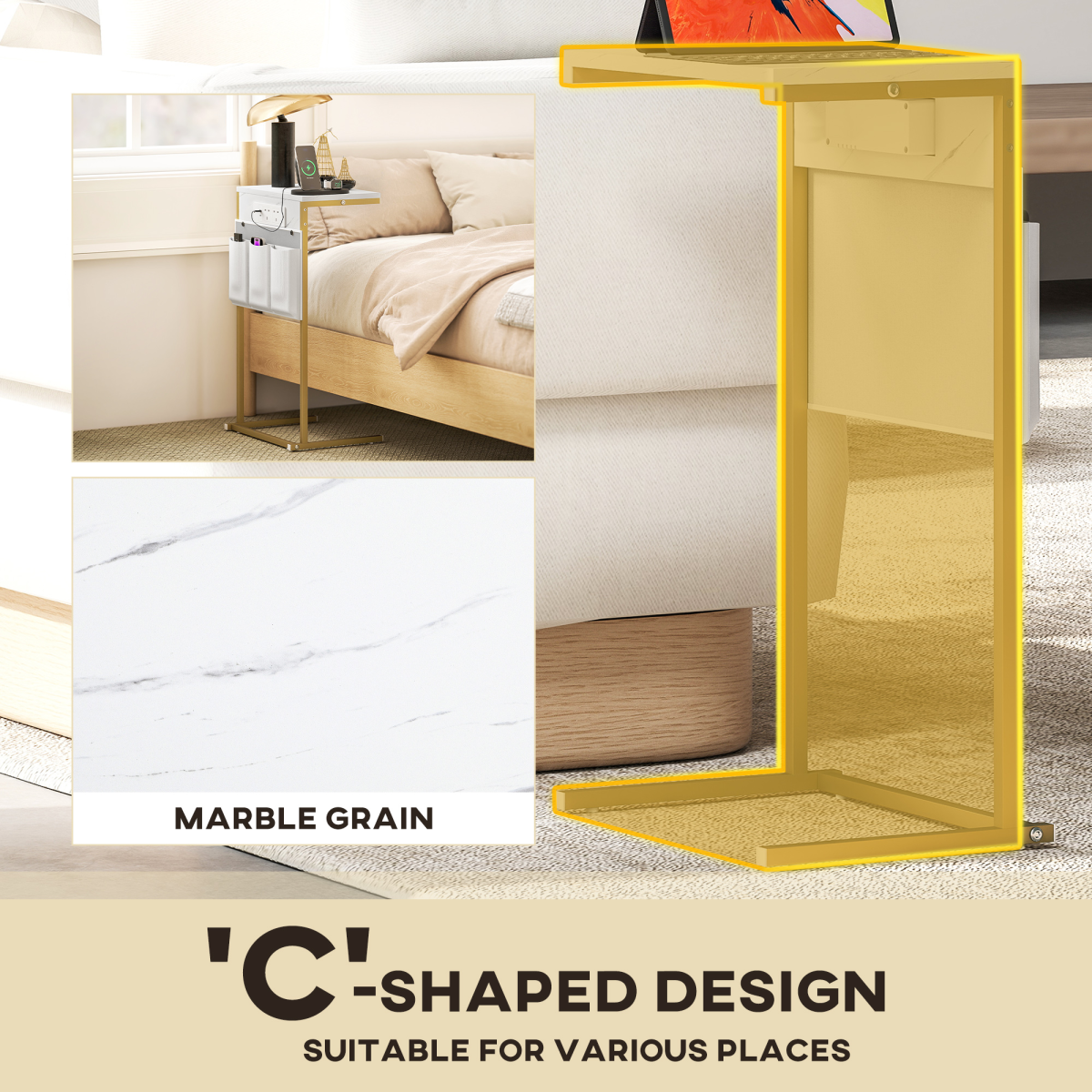 C-Shaped Side Table with Charging Station, USB Ports & Storage Bags – Sofa Side Table, White Marble Effect