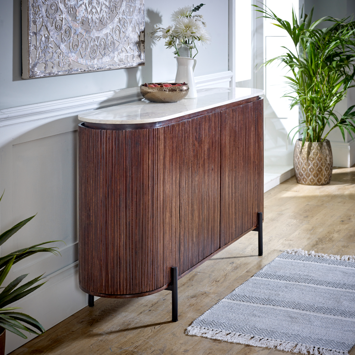 Opal Mango Wood Sideboard with Real Marble Top & Metal Legs – Handmade Dining & Living Room Storage