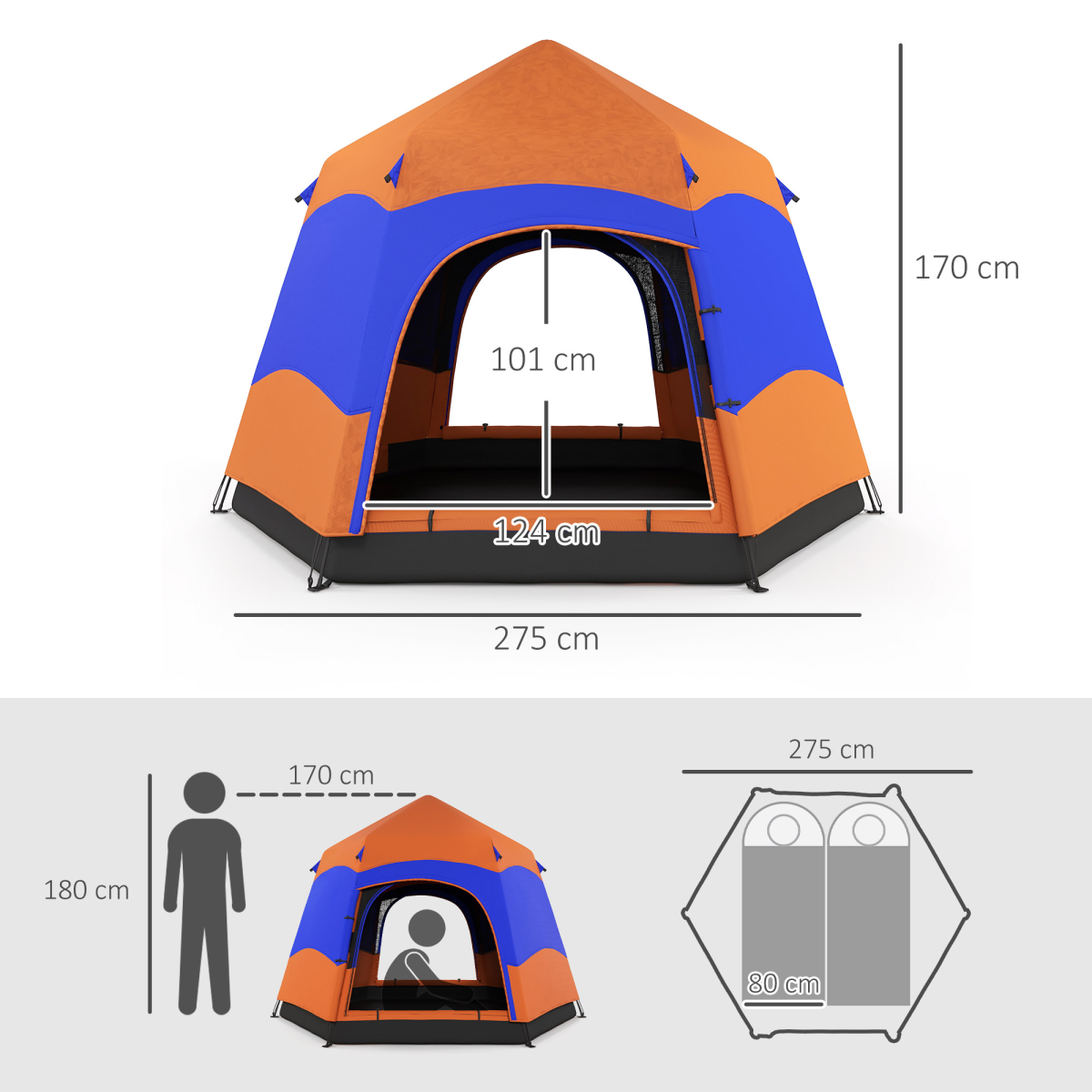 Outsunny 4 Person Pop Up Hexagon Tent with Mesh Windows – Portable Family Camping & Festival Shelter
