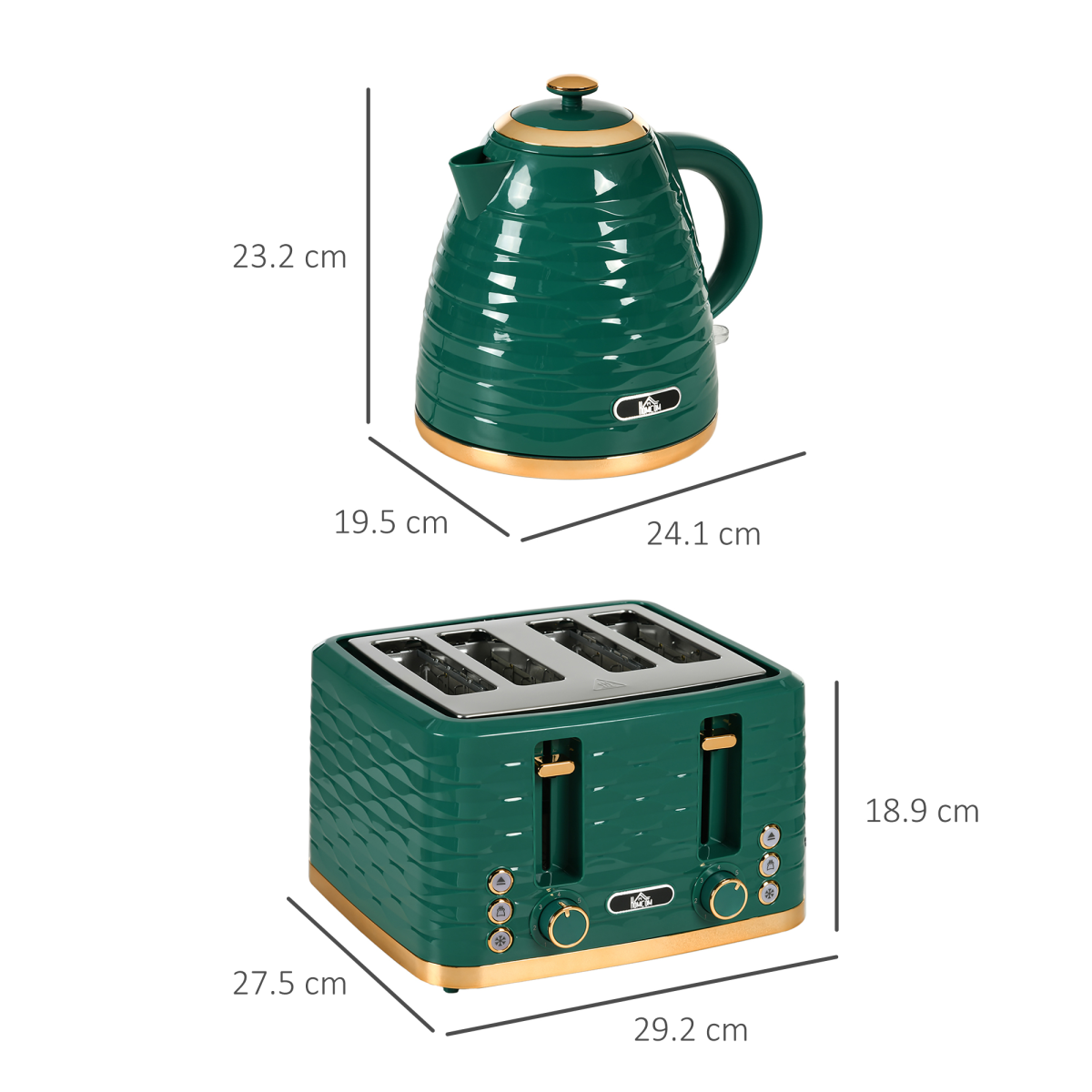 HOMCOM Pebbled 1.7L Rapid Boil Kettle & 4-Slice Toaster Set – Matching Breakfast Duo, Green