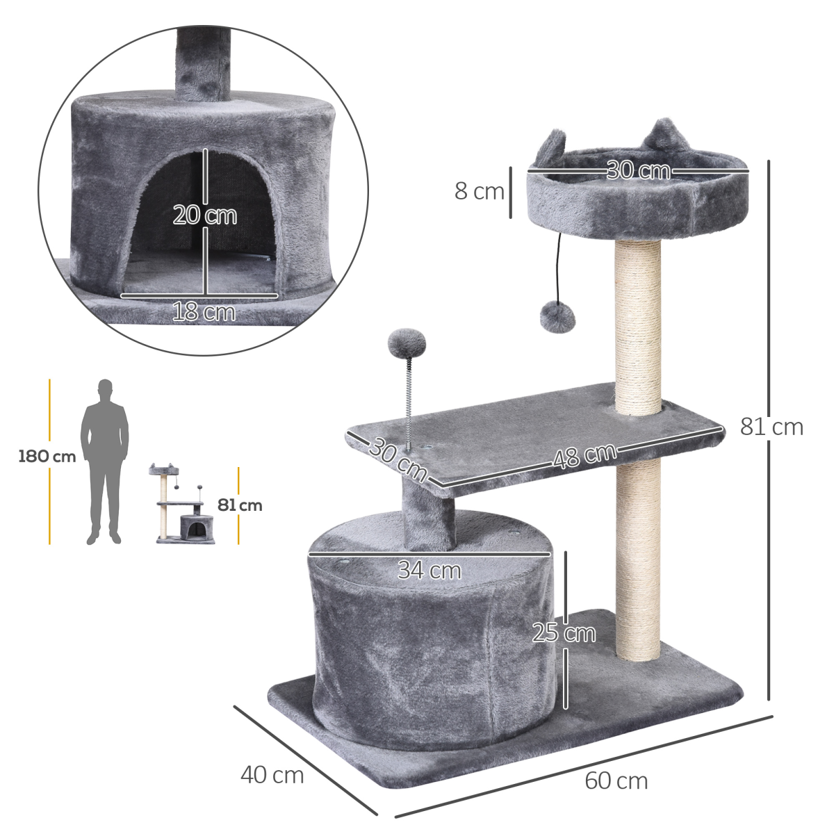 PawHut 81cm Cat Tree with Scratching Posts, Hide-Away Hut and Play Balls – Kitten Activity Tower