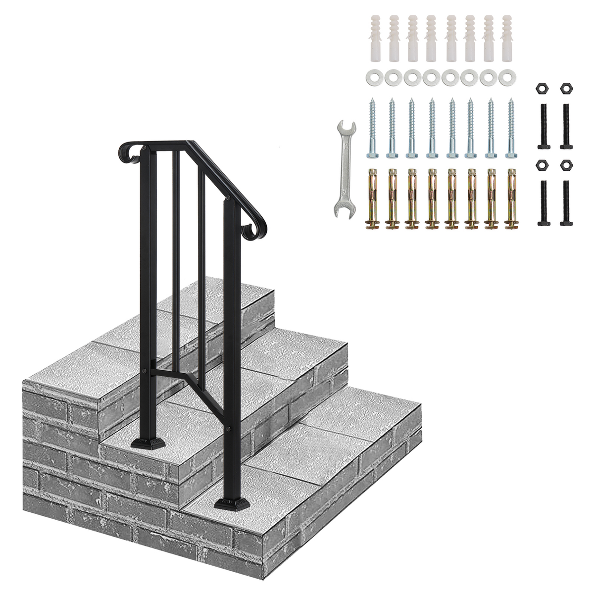 Artisasset Matte Black Outdoor Iron Handrail for 1 Step – Galvanised Iron Garden Step Rail with Install Kit