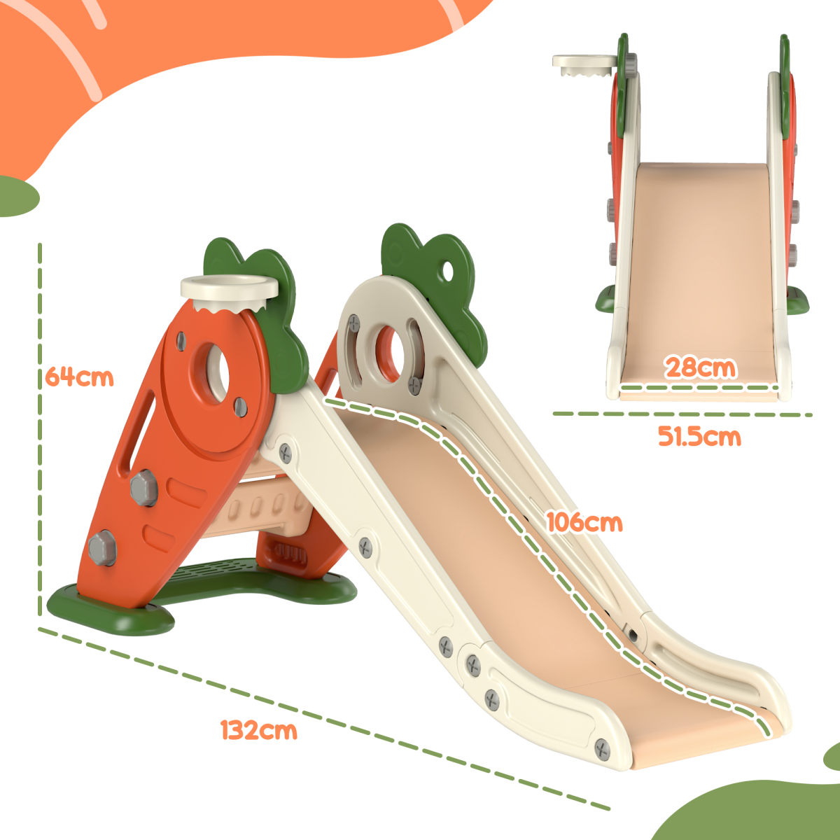 AIYAPLAY 3 in 1 Kids Slide with Climber & Basketball Hoop – Carrot Themed Foldable Indoor Playset, Ages 1-3