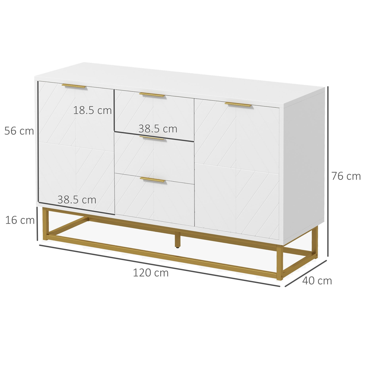Modern Freestanding Storage Cabinet with 3 Drawers, Cupboard & Gold Base – Dining, Living Room & Bedroom