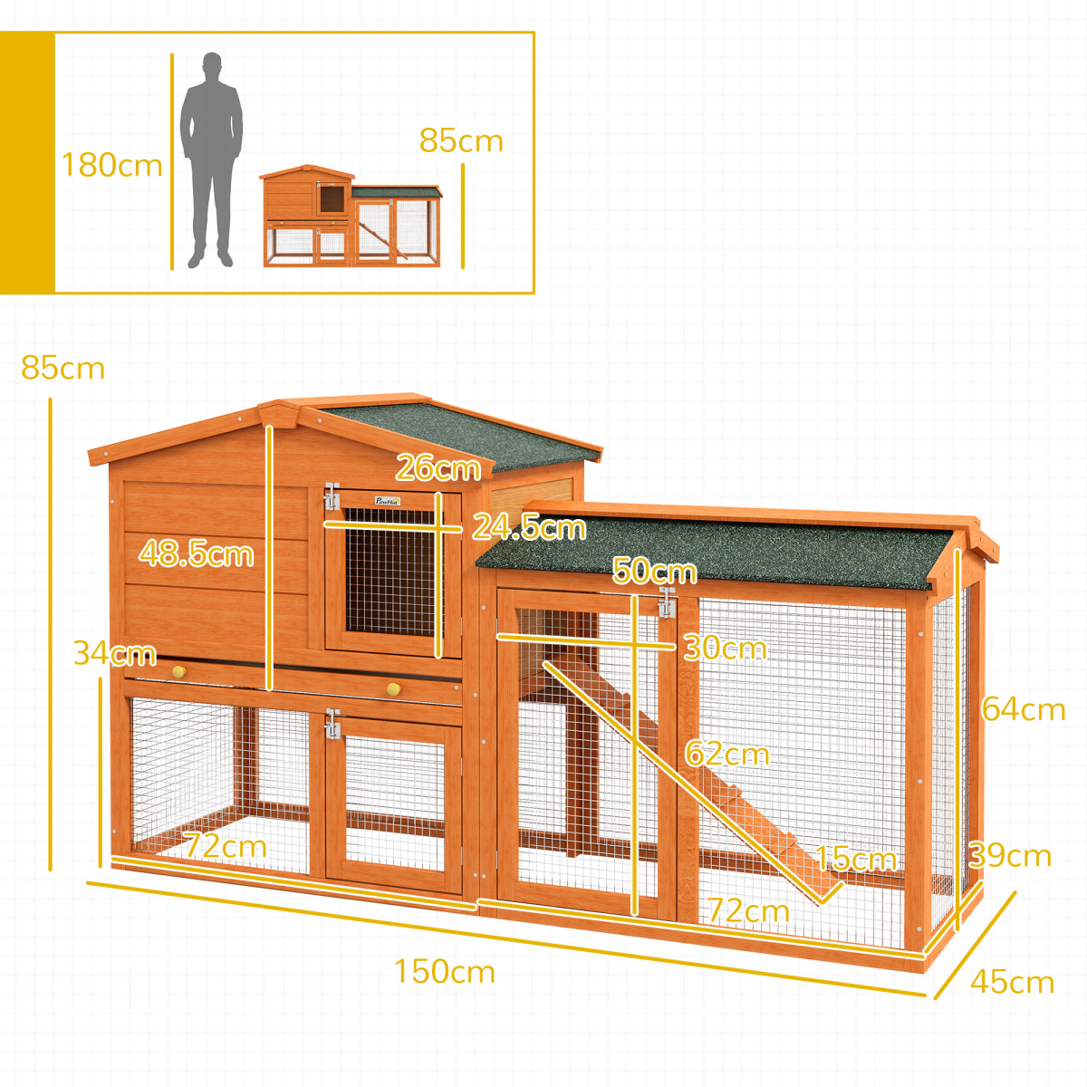 PawHut Wooden Rabbit Hutch with Run, Ramp & Slide-out Tray – Weatherproof Outdoor Pet House, Orange