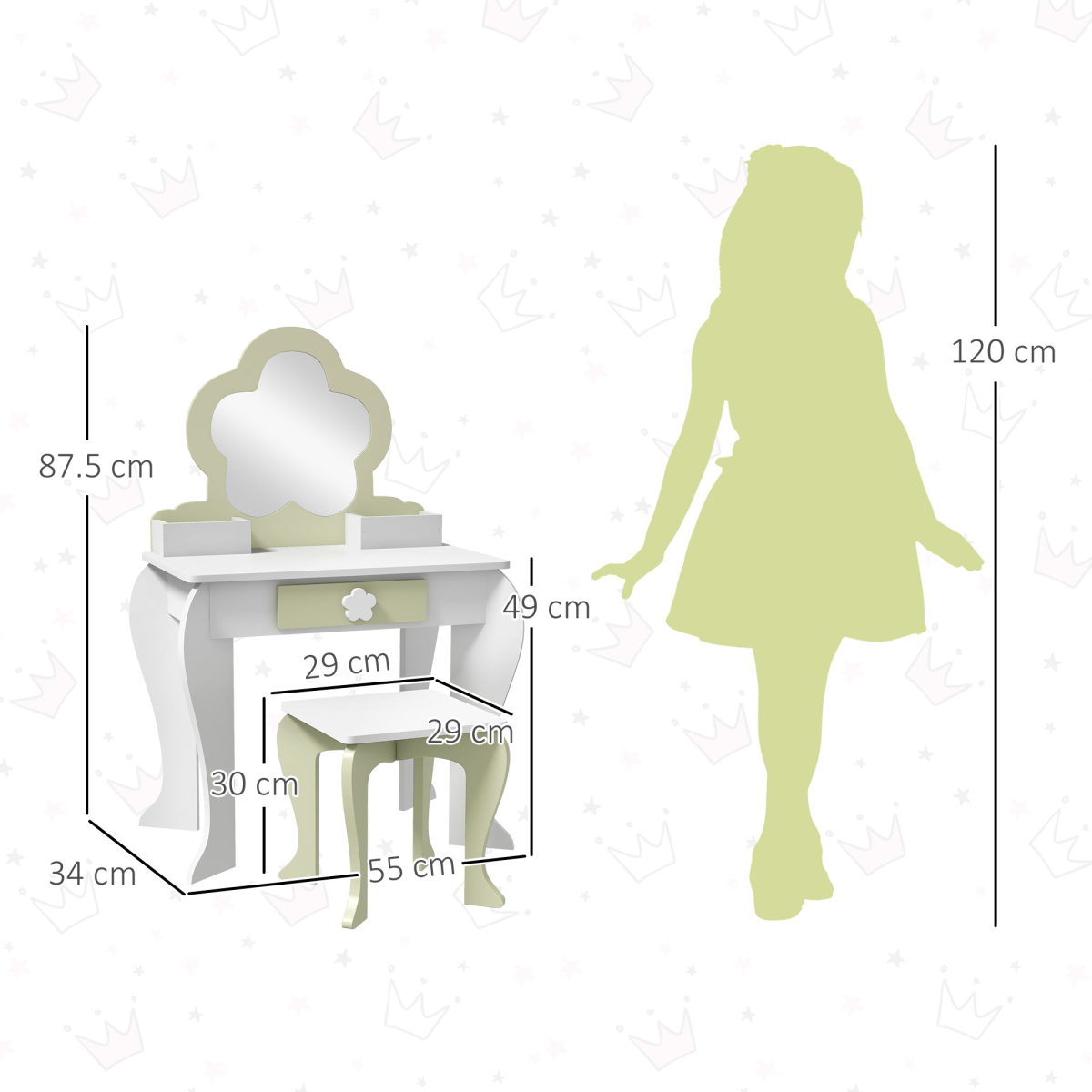 ZONEKIZ Kids Vanity Table Set with Stool, Mirror & Drawer, Flower Design – Girls Dressing Table, White