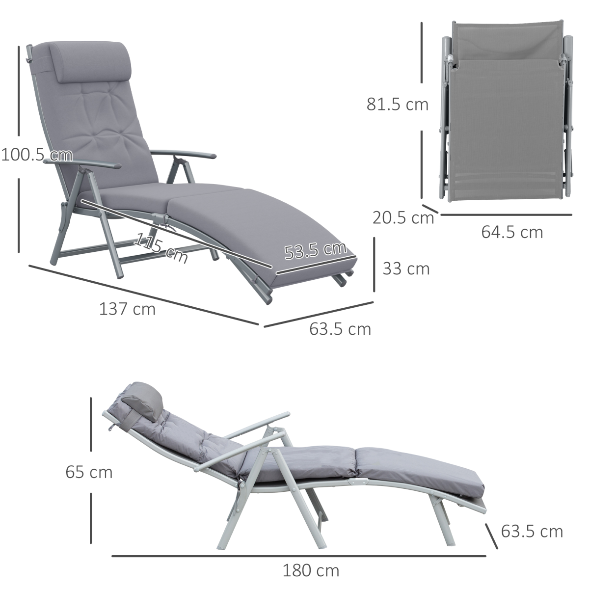 Outsunny Padded Sun Lounger with Pillow, 7-Position Adjustable Backrest & Steel Frame – Foldable Garden Recliner, Grey