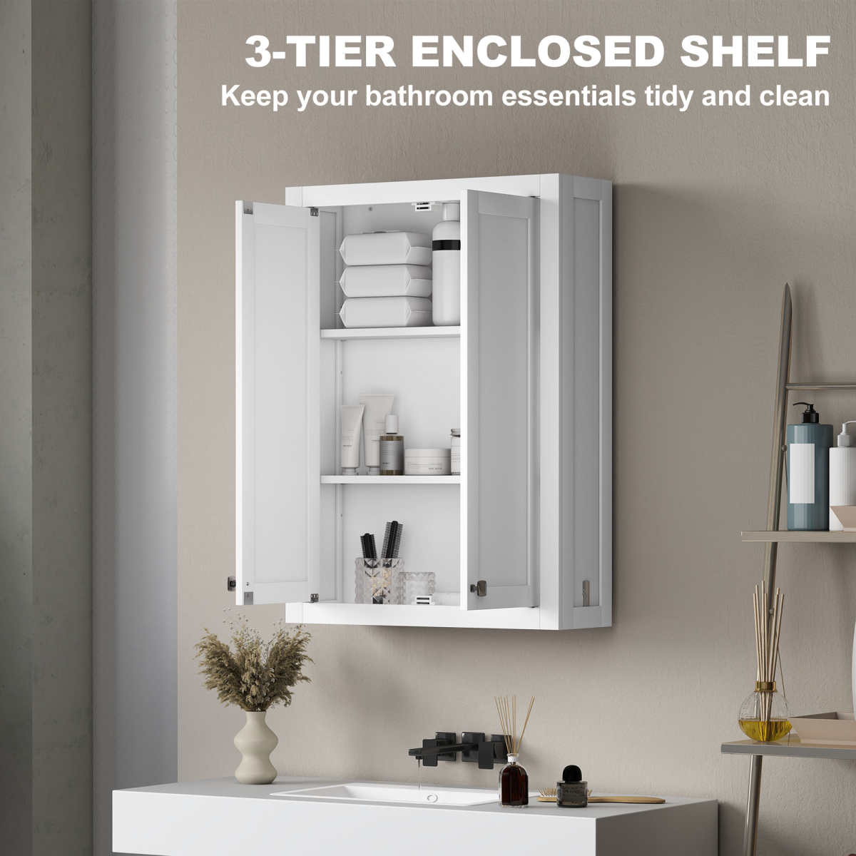 HOMCOM Wall Mounted Bathroom Cabinet with 2 Adjustable Shelves & Magnetic Doors – Space-Saving Storage, White