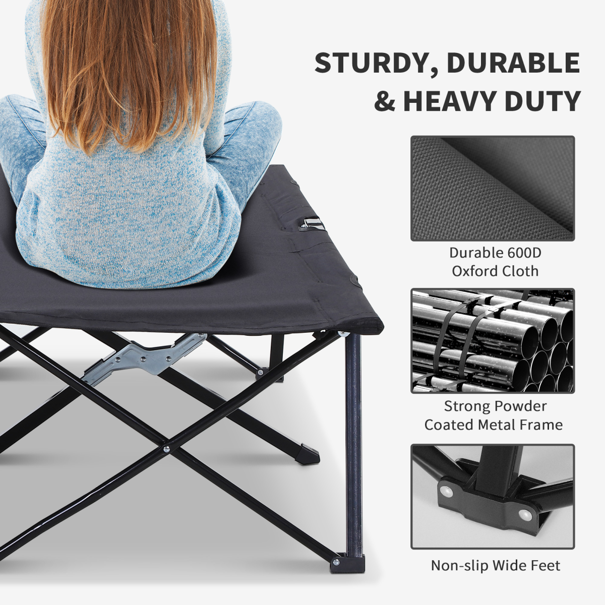 Outsunny Double Folding Camping Cot with Steel Frame & Carry Bag – Portable Two-Person Sleeping Bed, Black